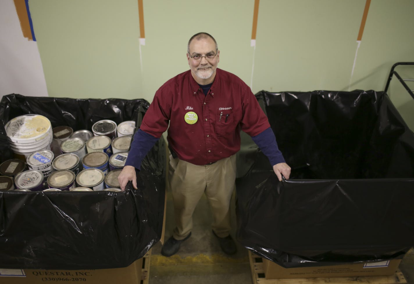 Mike Perry, manager of the Hennepin Ave. S. Hirschfield's, with the paint Wednesday afternoon that's been brought in for recycling or disposal since the new law took effect. ] JEFF WHEELER &#x201a;&#xc4;&#xa2; jeff.wheeler@startribune.com Hirshfield's paint stores are among the 120 retailers newly accepting the public's leftover paint. In just the two weeks since the new law went into effect 12 days ago, the Hennepin Ave. S. location in Minneapolis has collected more than 100 cans of paint to be