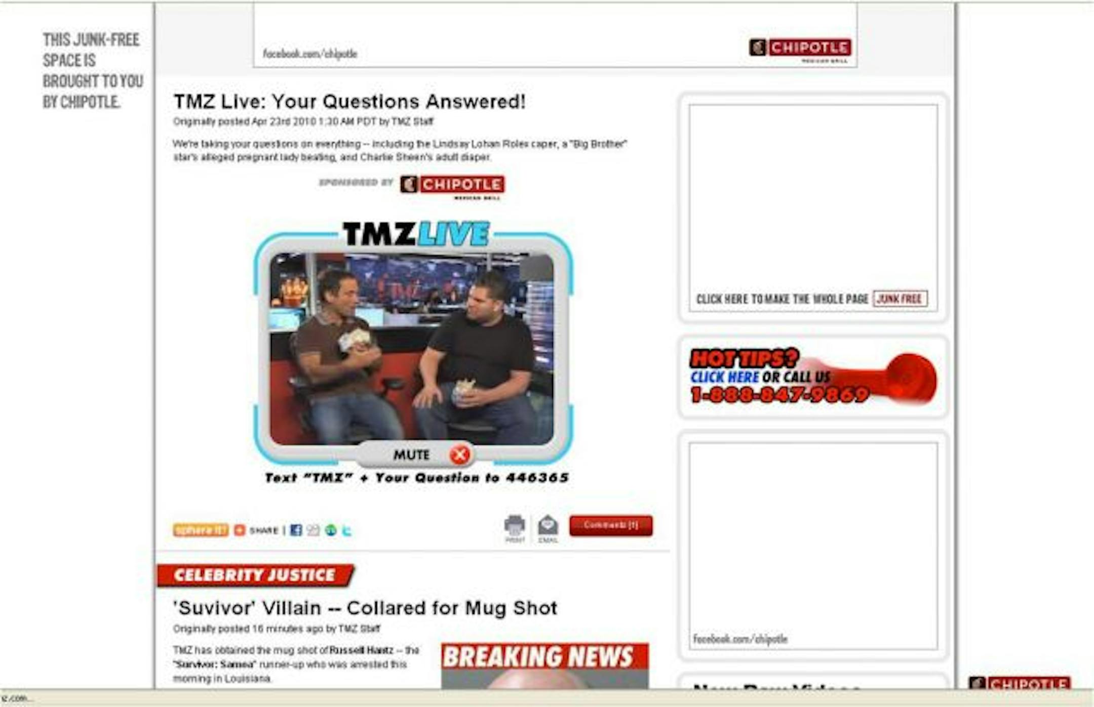 Chipotle's "Junk-Free Lunch" digital media program showed a link to Chipotle's Facebook page, where viewers could learn they were getting a break from junk ads and junk food. Compass Point Media, part of Campbell Mithun, used the advertising strategy on dozens of websites last April.