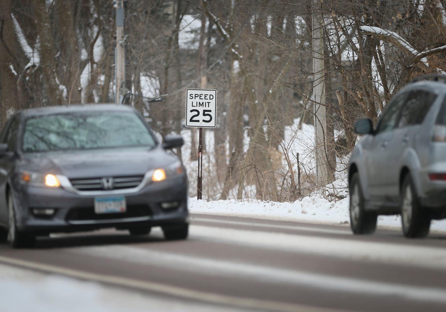 A 25 mph speed limit sign on Hall Avenue in the city of Birchwood, Minn.