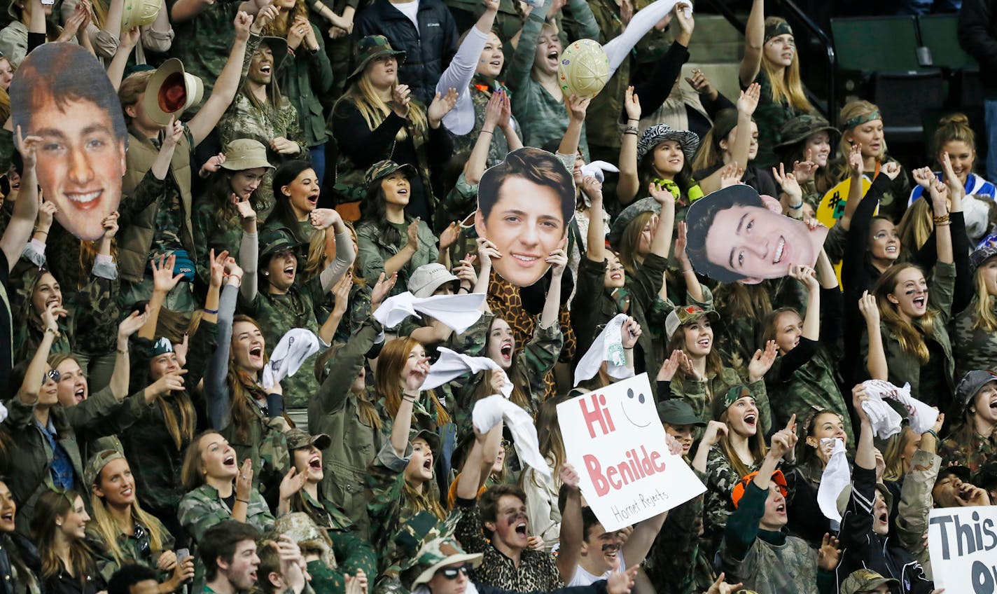 Edina fans cheered after Edina beat Bemidji 6-4 in Class 2A quarterfinals boy's hockey state tournament at the Xcel Energy Center Thursday March 5, 2015 in St. Paul, Minnesota. ] Jerry Holt/ Jerry.Holt@Startribune.com extra info From left: Ben foley, kobie nor, braham scheerer.