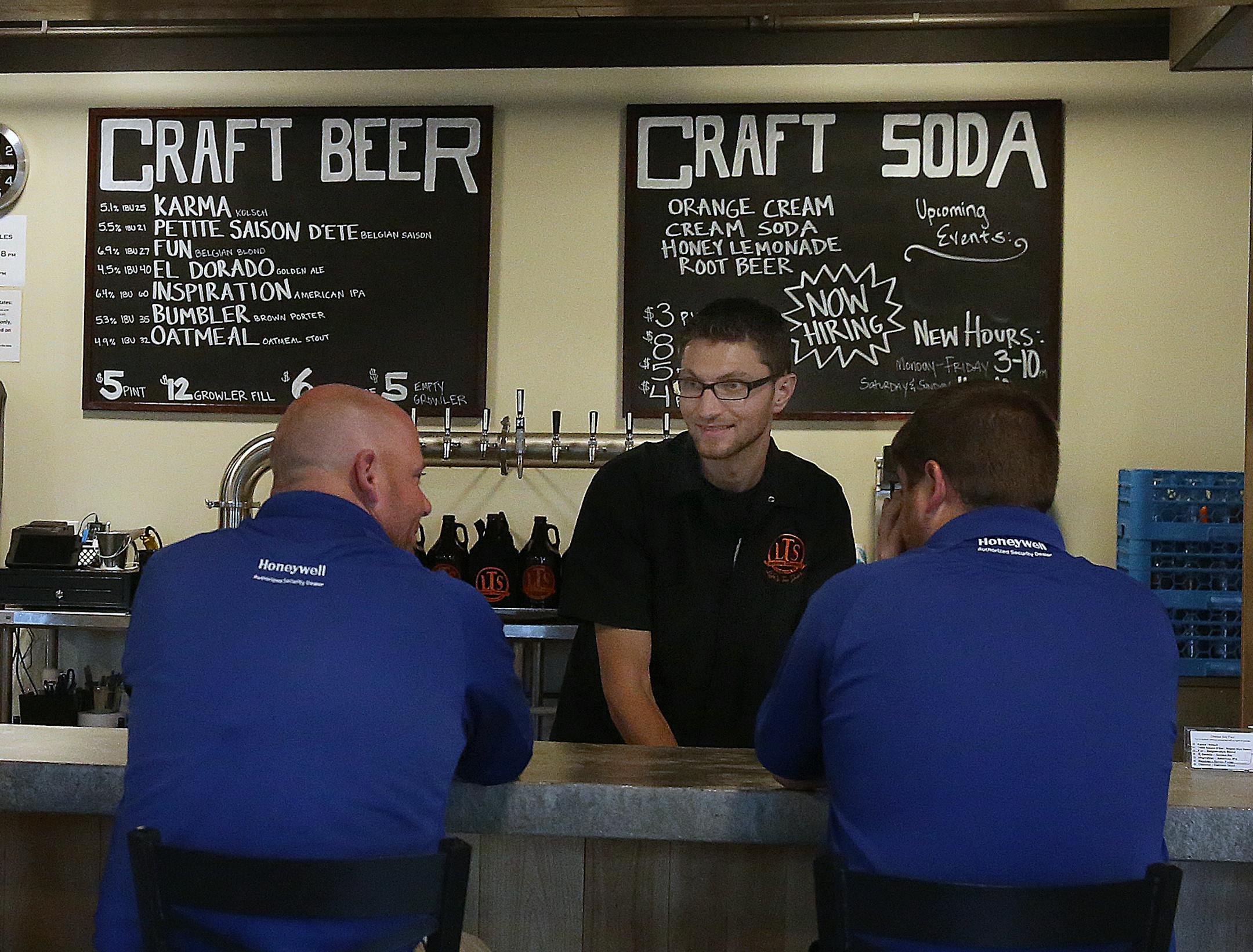 Tap room attendant Ted Jedlicki visited with and served patrons at the LTS Brewing tap room in Rochester. ] JIM GEHRZ ï james.gehrz@startribune.com / Rochester, MN / September 17, 2015 / 3:30 PM BACKGROUND INFORMATION: Rochester's growing number of taprooms scored a win when the City Council tweaked an ordinance, allowing them to sell growlers until 10 p.m. on weeknights. Previously, all liquor and beer sales in the city ended at 8 p.m. But then the city clerk said never mind: Brewpubs can'