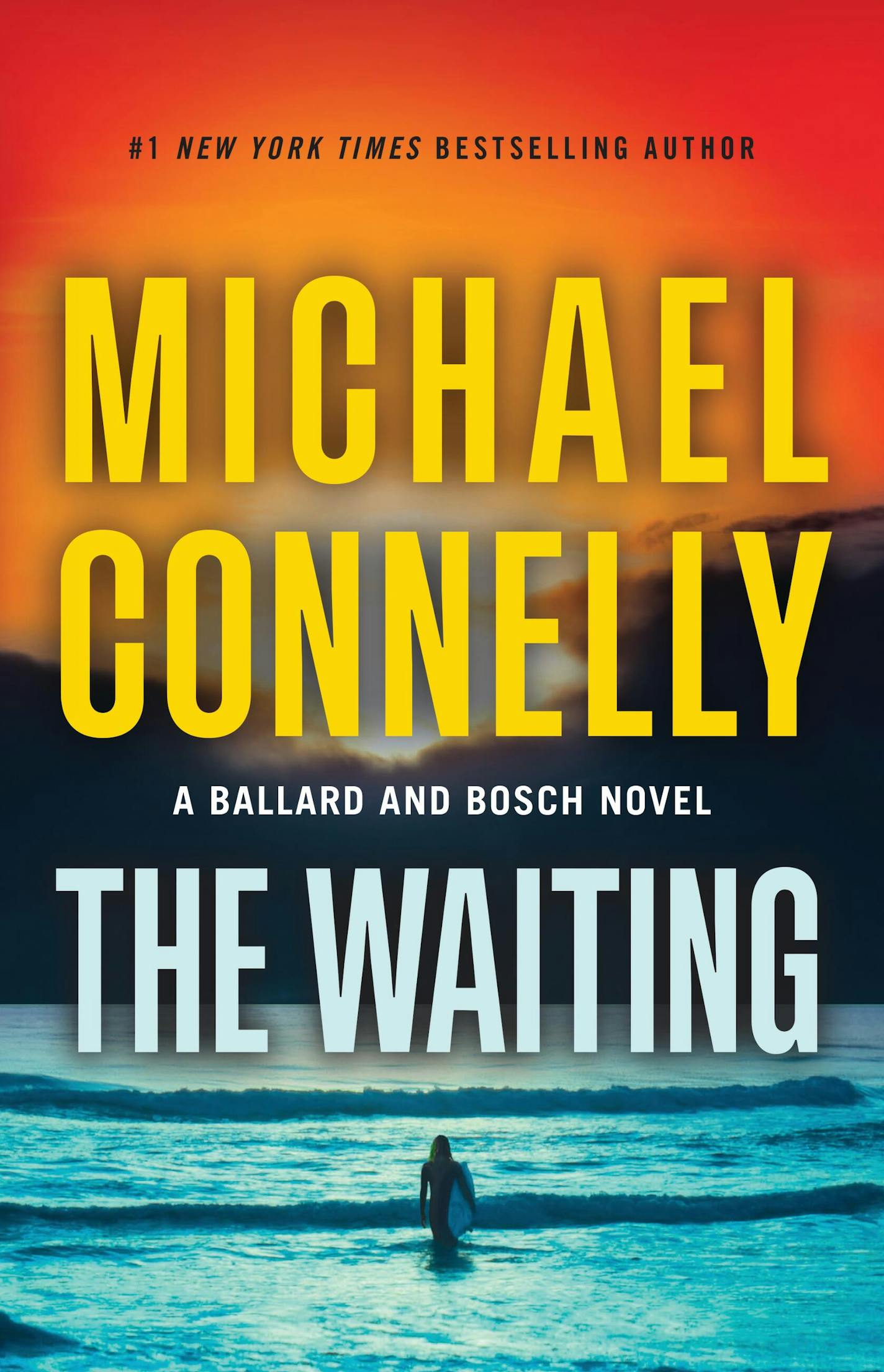 The cover of The Waiting is an illustration of a surfer at sunrise