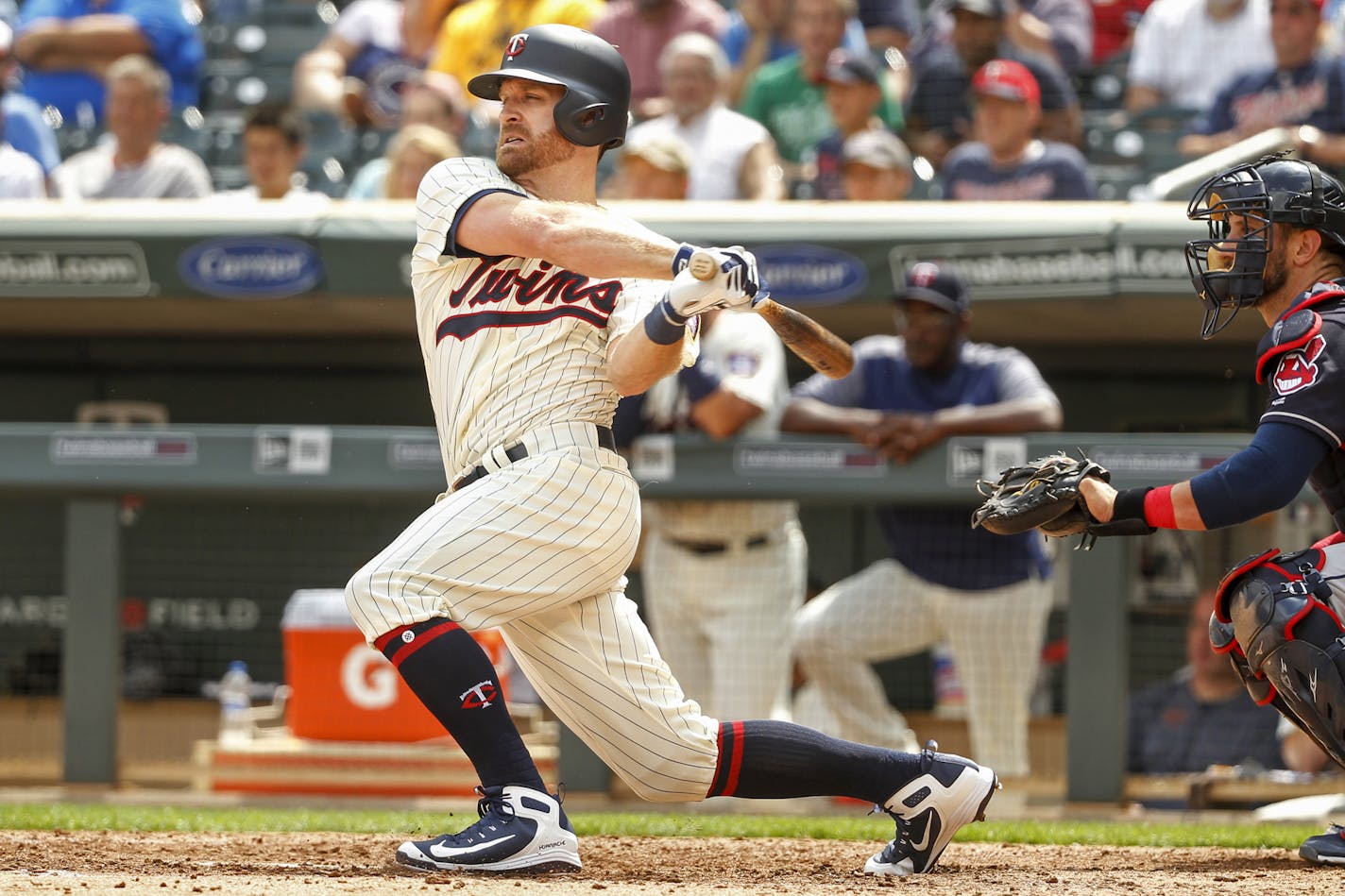 Minnesota Twins' Logan Forsythe bats against the Cleveland Indians in the eighth inning of a baseball game Wednesday, Aug. 1, 2018, in Minneapolis. The Indians won 2-0. (AP Photo/Bruce Kluckhohn)