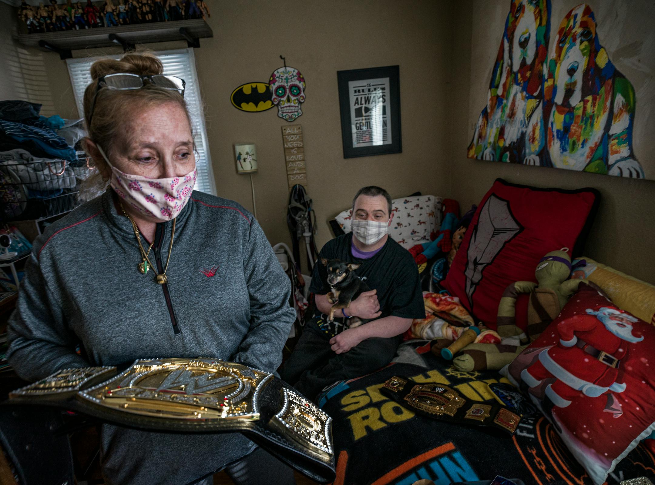 Sam Corbett is a big wrestling fan and even has a replica championship belt, which is held by his mom, Heidi Randolph.