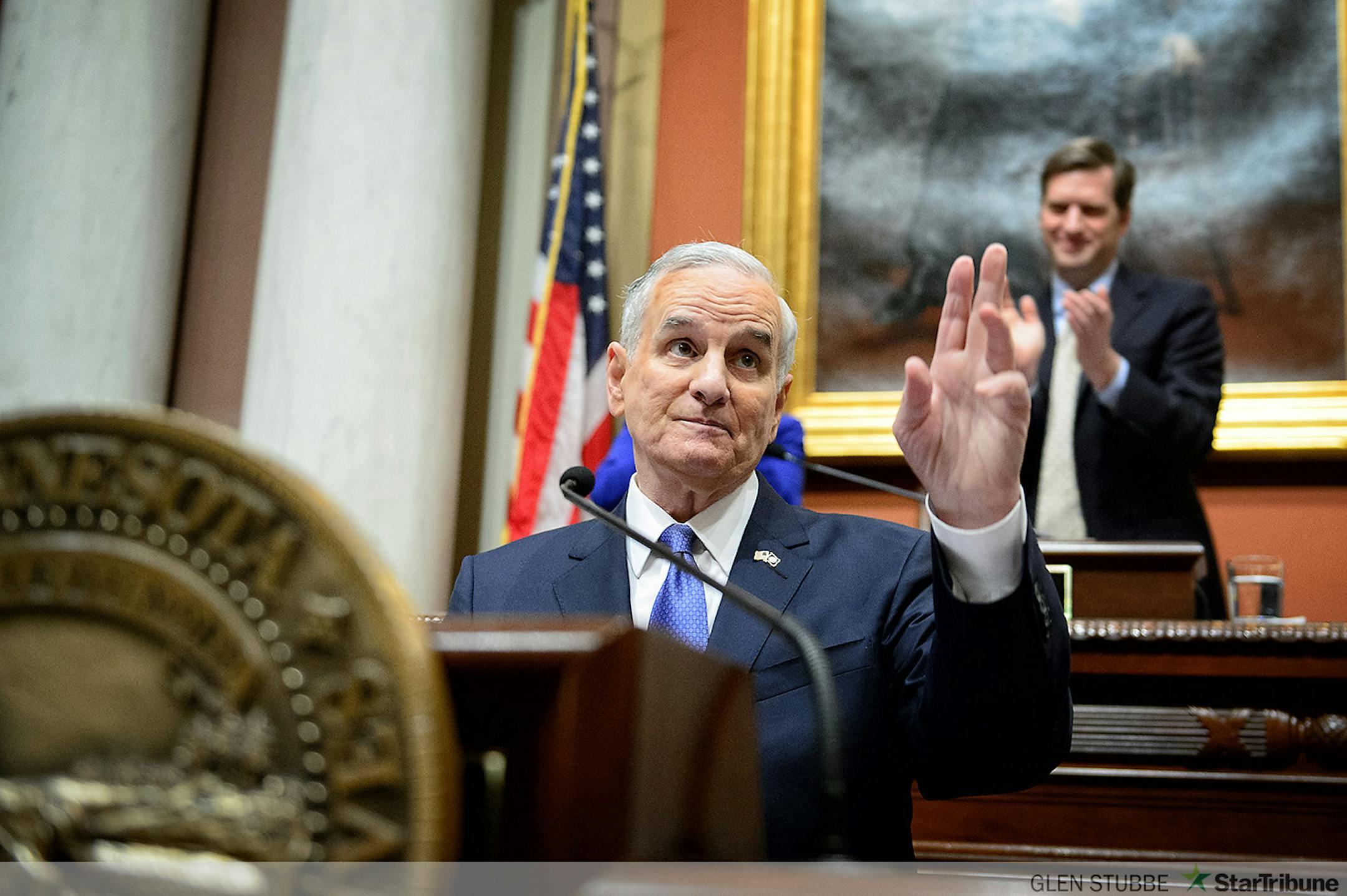 Governor Mark Dayton received warm applause in the House Chamber as he delivered his 2015 State of the State address at the Minnesota State Capitol, St. Paul.        ] GLEN STUBBE * gstubbe@startribune.com Thursday, April 9, 2015 Governor Mark Dayton delivered his 2015 State of the State address in the House Chamber of the Minnesota State Capitol, St. Paul.