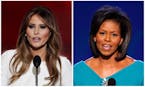 In this combination of photos, Melania Trump, left, wife of Republican Presidential Candidate Donald Trump, speaks during the opening day of the Repub