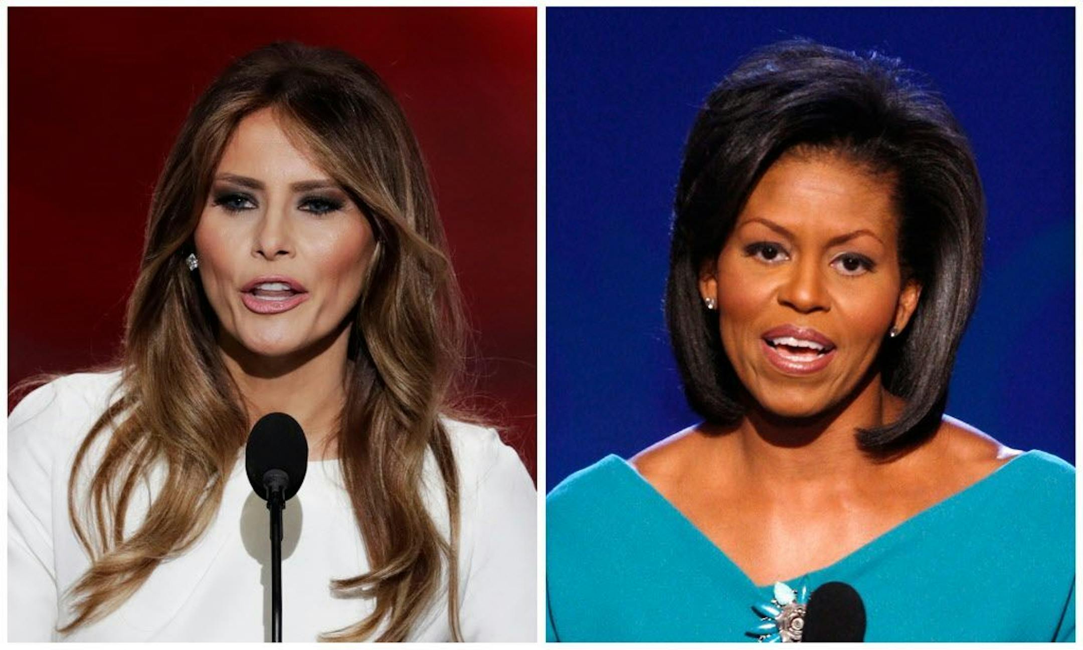 In this combination of photos, Melania Trump, left, wife of Republican Presidential Candidate Donald Trump, speaks during the opening day of the Republican National Convention in Cleveland, Monday, July 18, 2016, and Michelle Obama, wife of Democratic presidential candidate, Sen. Barack Obama, D-Ill., speaks at the Democratic National Convention in Denver, Monday, Aug. 25, 2008. Melania Trump's well-received speech Monday to the Republican National Convention contained passages that match nearly