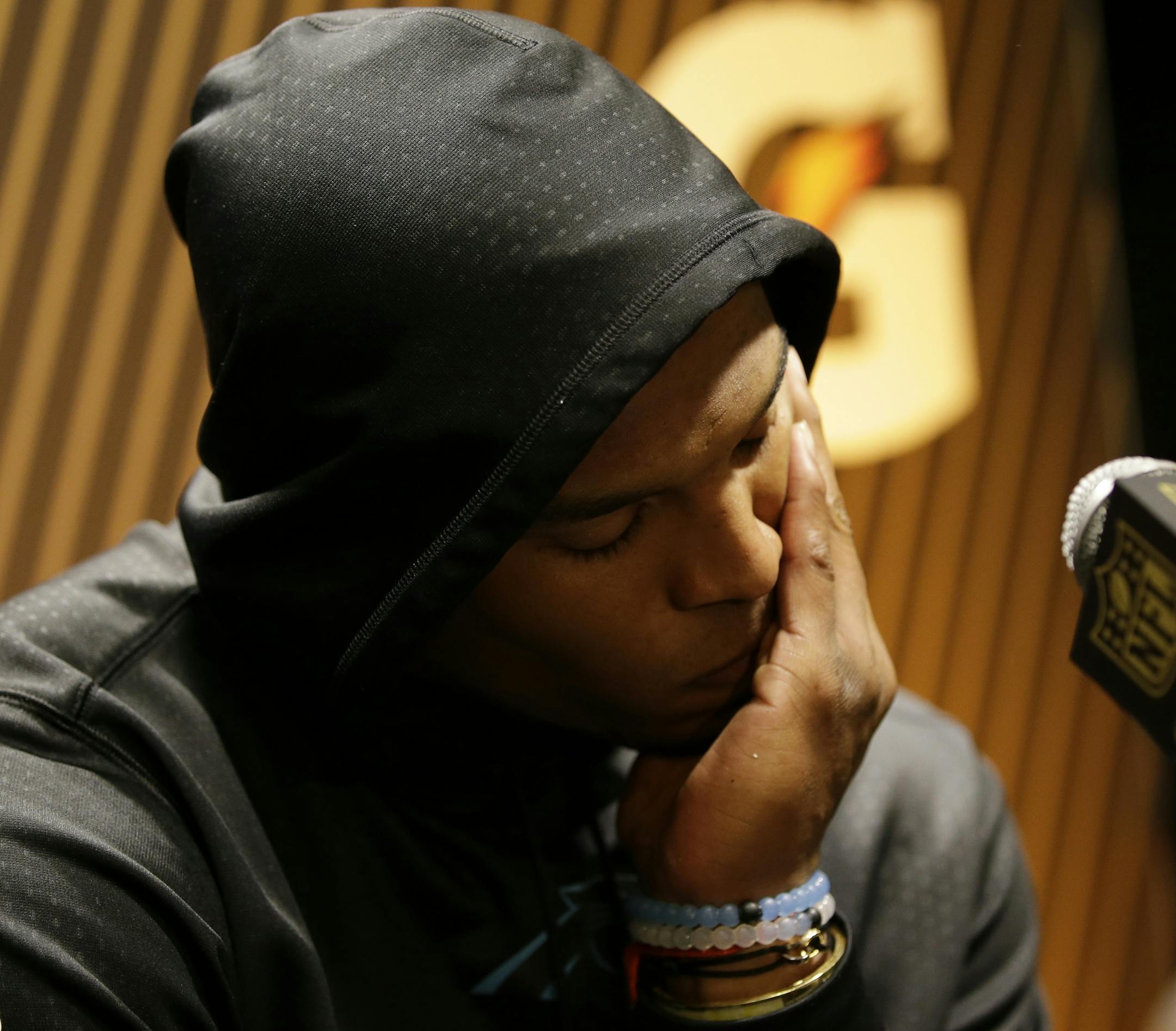 Carolina Panthers’ Cam Newton answers questions after the NFL Super Bowl 50 football game against the Denver Broncos Sunday, Feb. 7, 2016, in Santa Clara, Calif. The Broncos won 24-10. (AP Photo/Marcio Jose Sanchez)