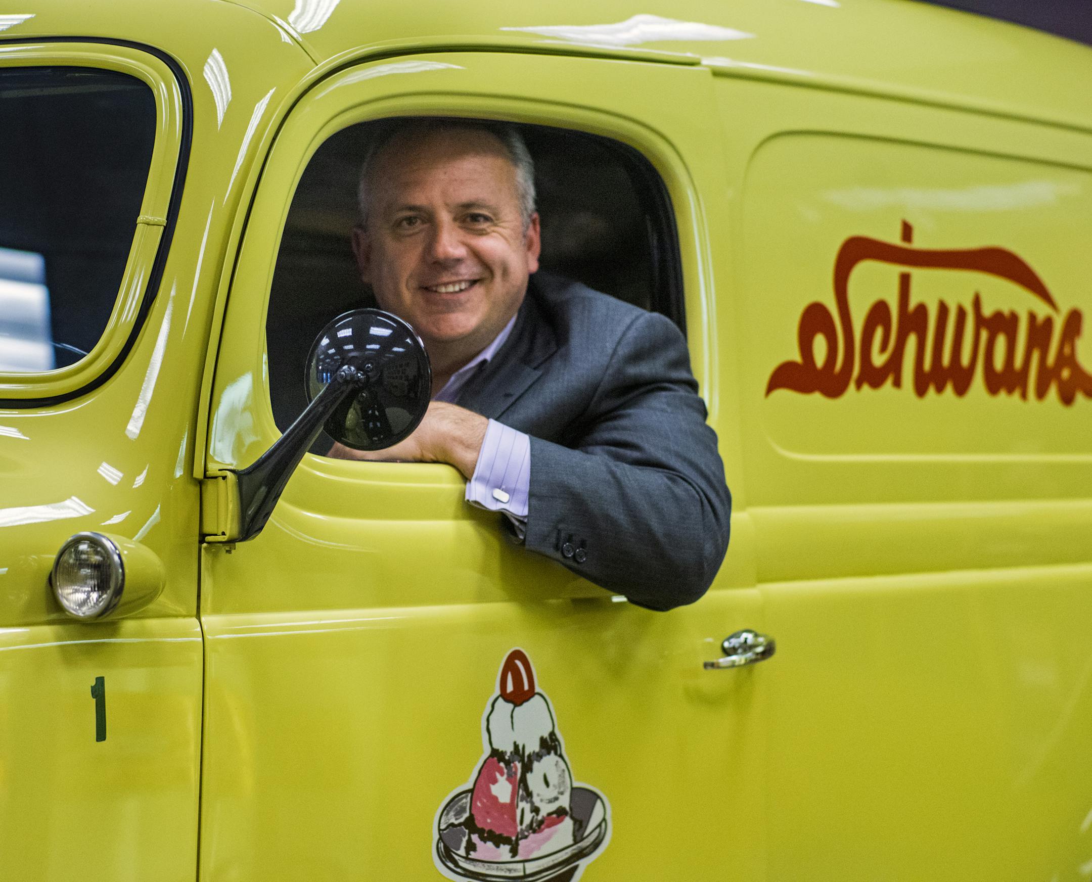 Schwan's is considering strategic alternatives, according to a CNBC report. The Marshall company's bright yellow delivery trucks (CEO Dimitrios Smyrnios is sitting in one) have been well known for years. (RICHARD TSONG-TAATARII/Star Tribune file photo)