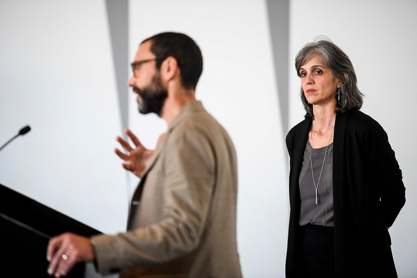 In May, Walker Art Center director Olga Viso watched as Sam Durant, the artist behind the "Scaffold" sculpture, spoke during a Q&A.