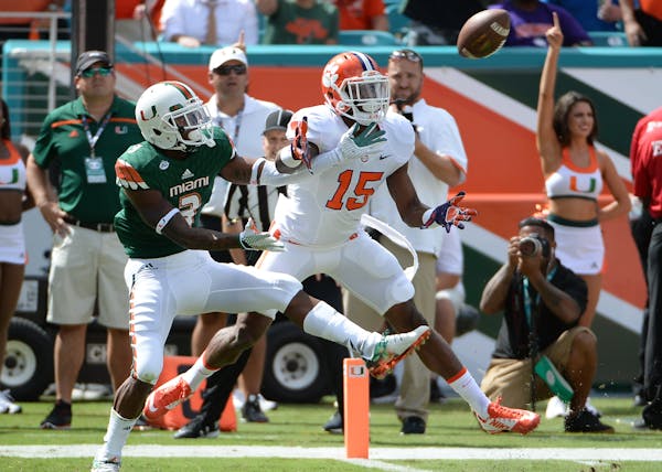 October 24, 2015 Clemson Tigers safety T.J. Green (15) blocks a pass to Miami Hurricanes wide receiver Stacy Coley (3) during the first half in a game