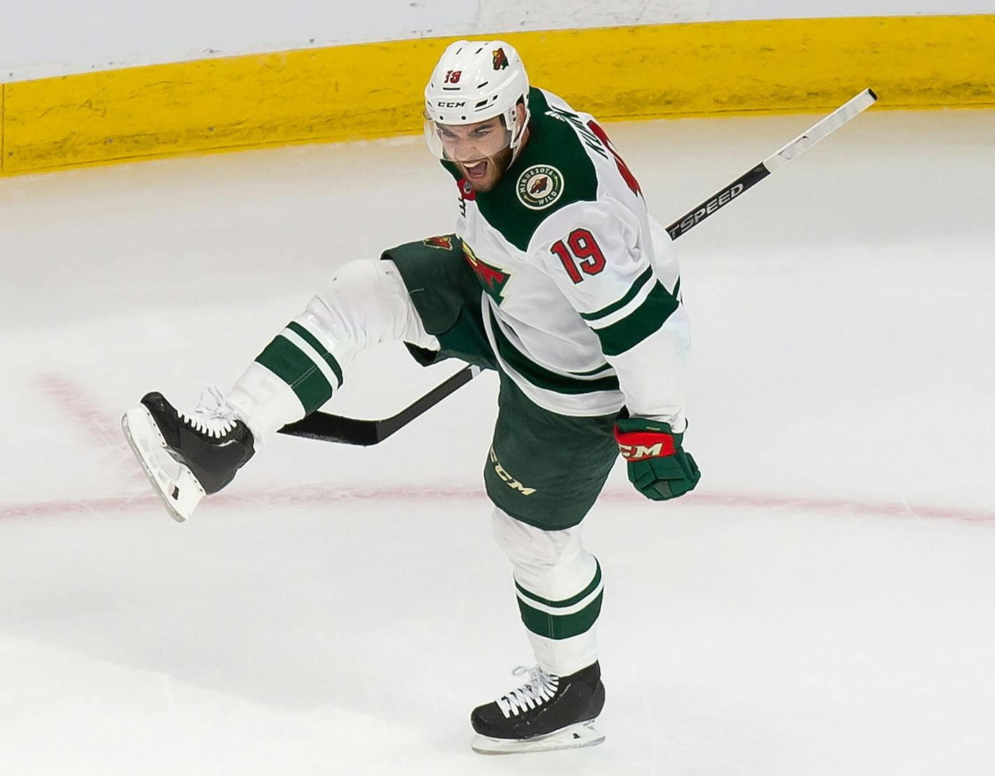 Minnesota Wild's Luke Kunin (19) celebrates a goal against the Vancouver Canucks during the first period of an NHL hockey playoff game Tuesday, Aug. 4, 2020 in Edmonton, Alberta. (Codie McLachlan/The Canadian Press via AP)