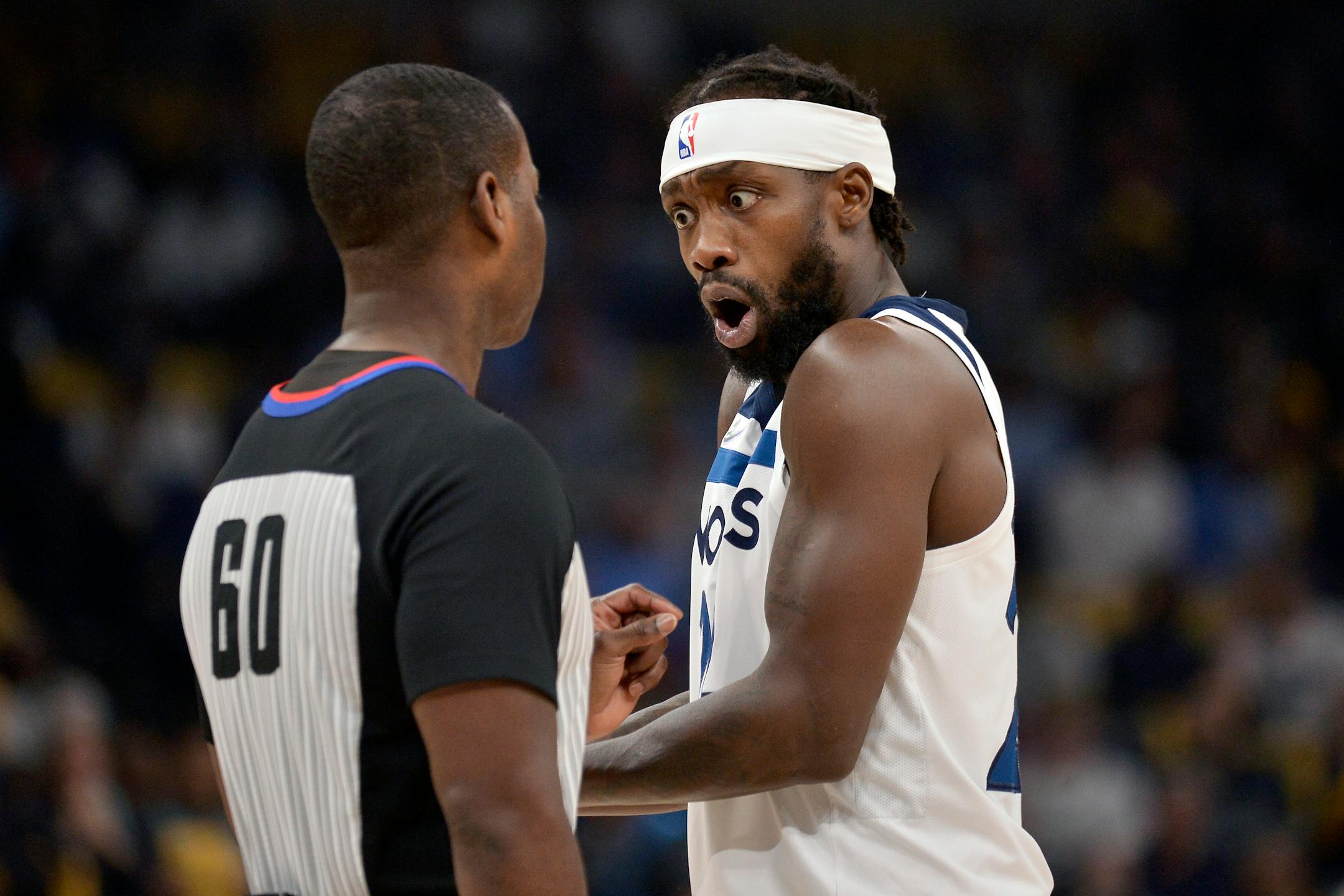 Minnesota Timberwolves guard Patrick Beverley (22) reacts to a referee's call during the first half during Game 2 of the team's first-round NBA basketball playoff series against the Memphis Grizzlies on Tuesday, April 19, 2022, in Memphis, Tenn. (AP Photo/Brandon Dill)