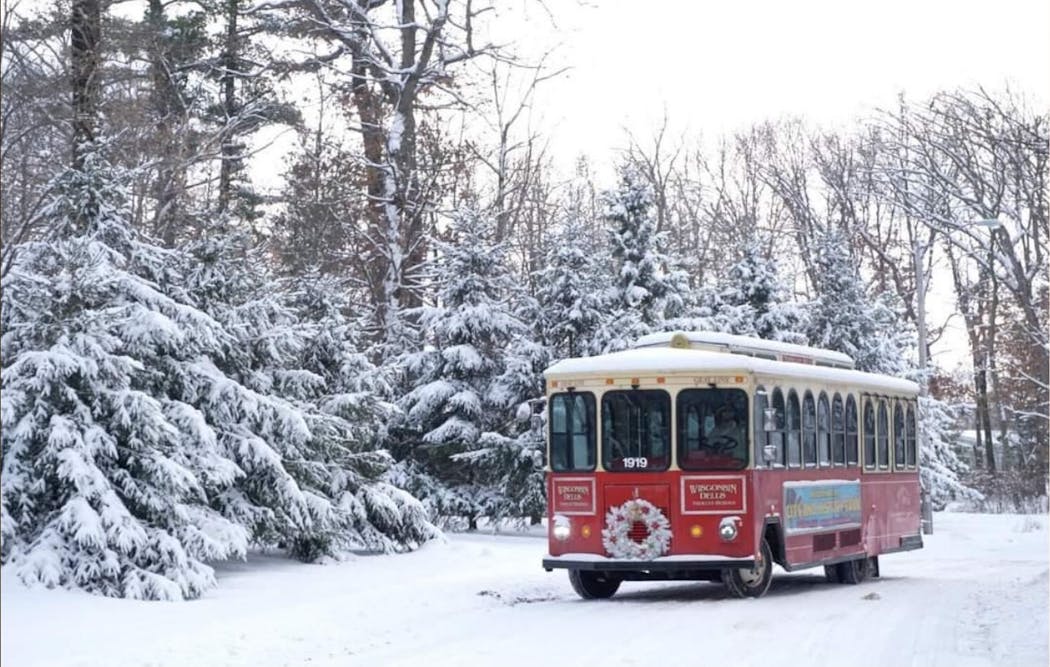 One of the bright red trolleys from Dells Travel Tours.