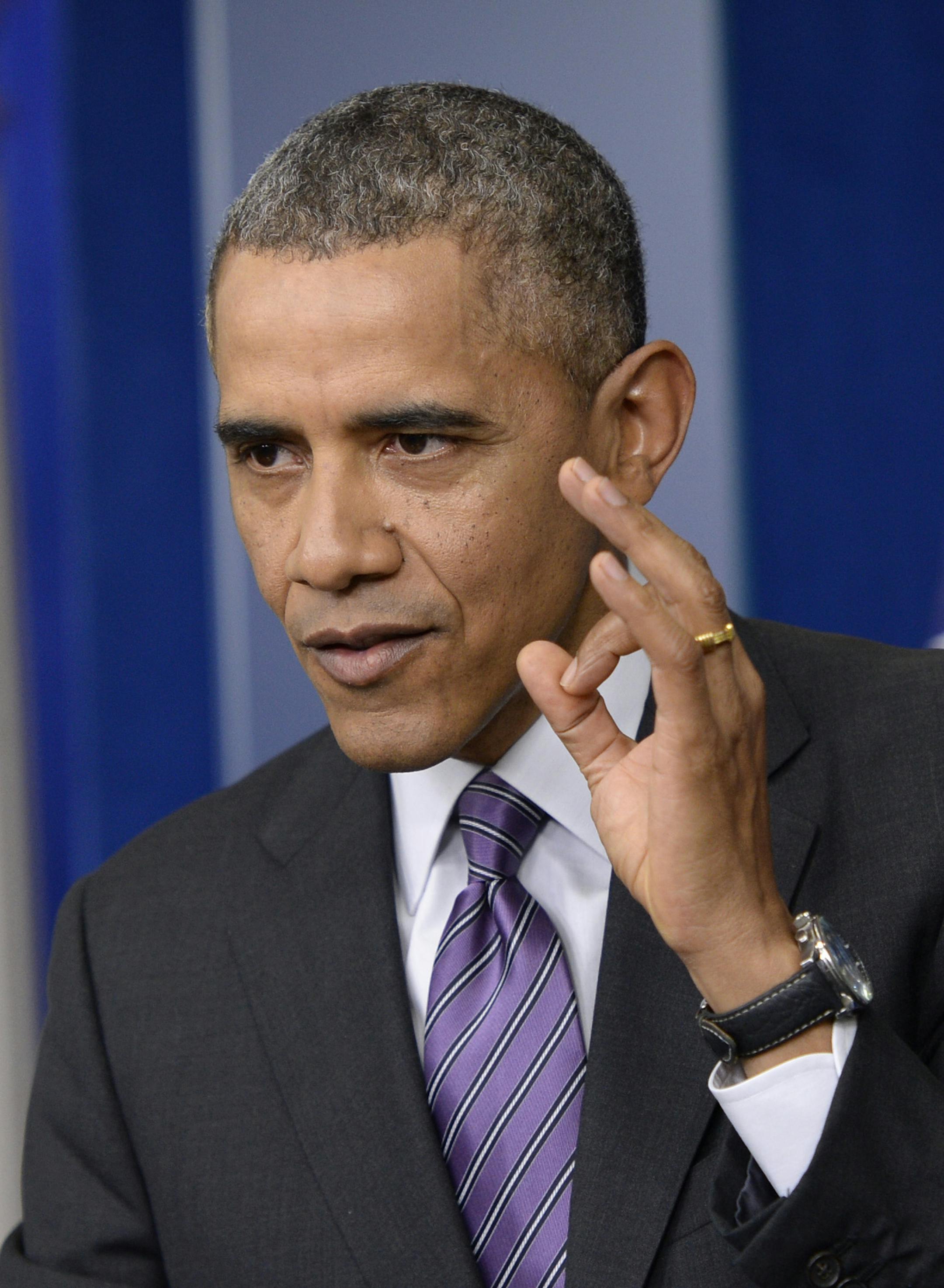 President Barack Obama talks about the cost to states for Medicare during a news conference in the Brady Press Briefing Room of the White House in Washington, Thursday, April 17, 2014. Obama was asked about the Affordable Care Act, the crisis in Ukraine and other issues. (AP Photo/Susan Walsh)
