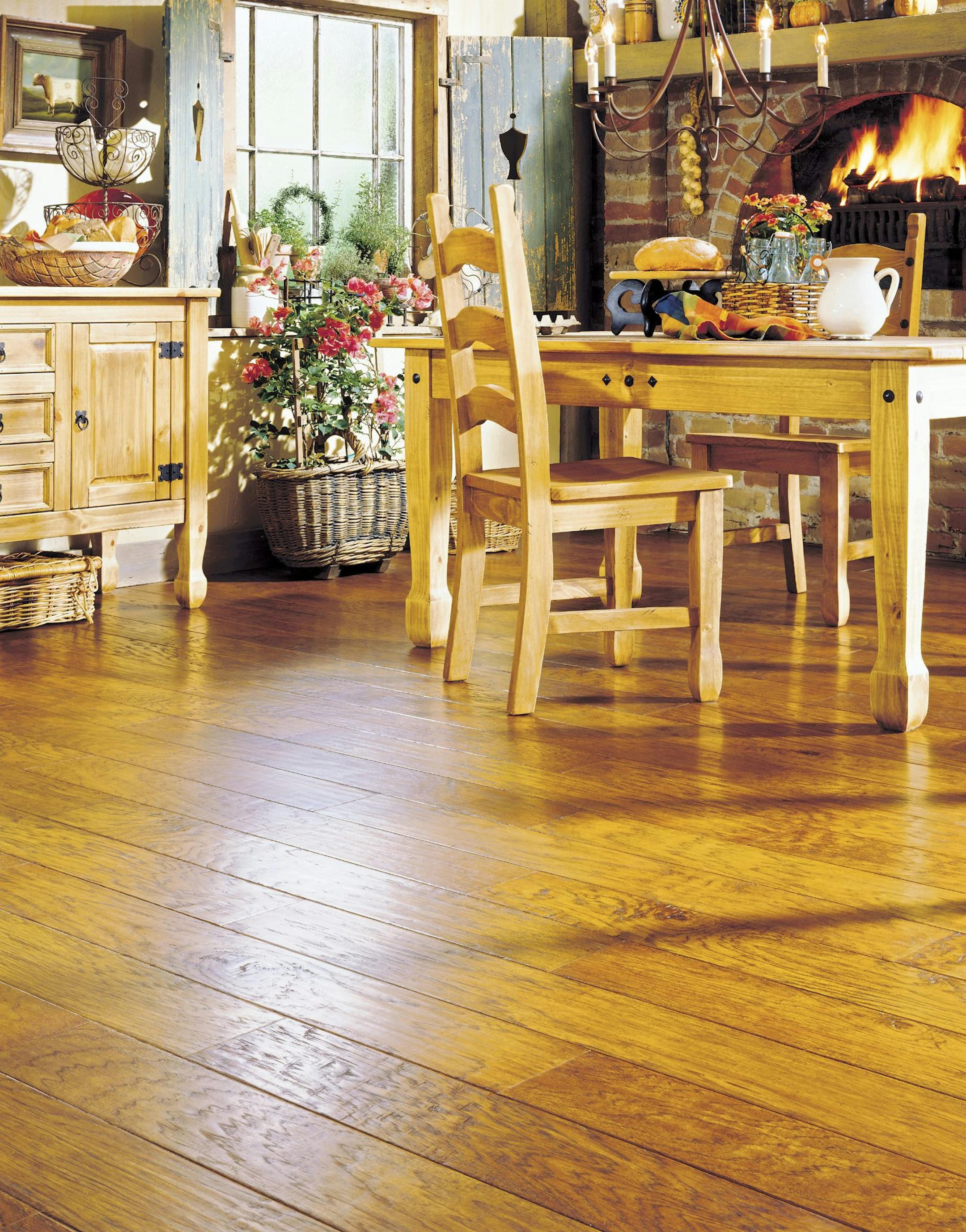 The latest hardwood styles are distressed, beveled, scratched with wormholes, and have a hand-hewn appearance, like this Biscotti style hardwood floor. (Courtesy Anderson Hardwood/Orange County Register/KRT) ORG XMIT: 1027094