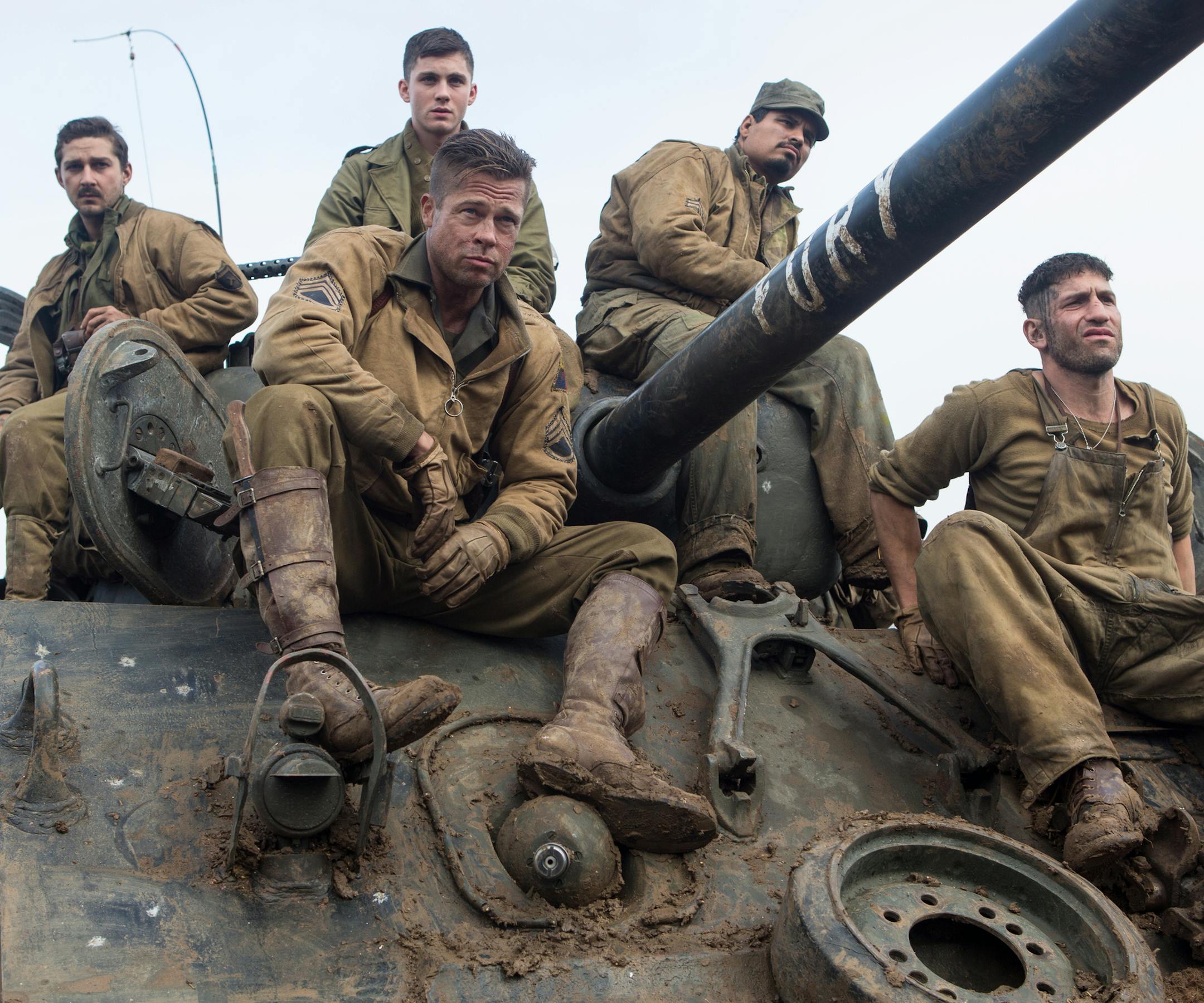 The crew of Fury: Boyd "Bible" Swan (Shia LaBeouf), Norman (Logan Lerman), Wardaddy (Brad Pitt), Trini "Gordo" Garcia (Michael Pena) and Grady "Coon-Ass" Travis (Jon Bernthal) in Columbia Pictures' FURY. ORG XMIT: Brad Pitt (Finalized);Shia LaBeo
