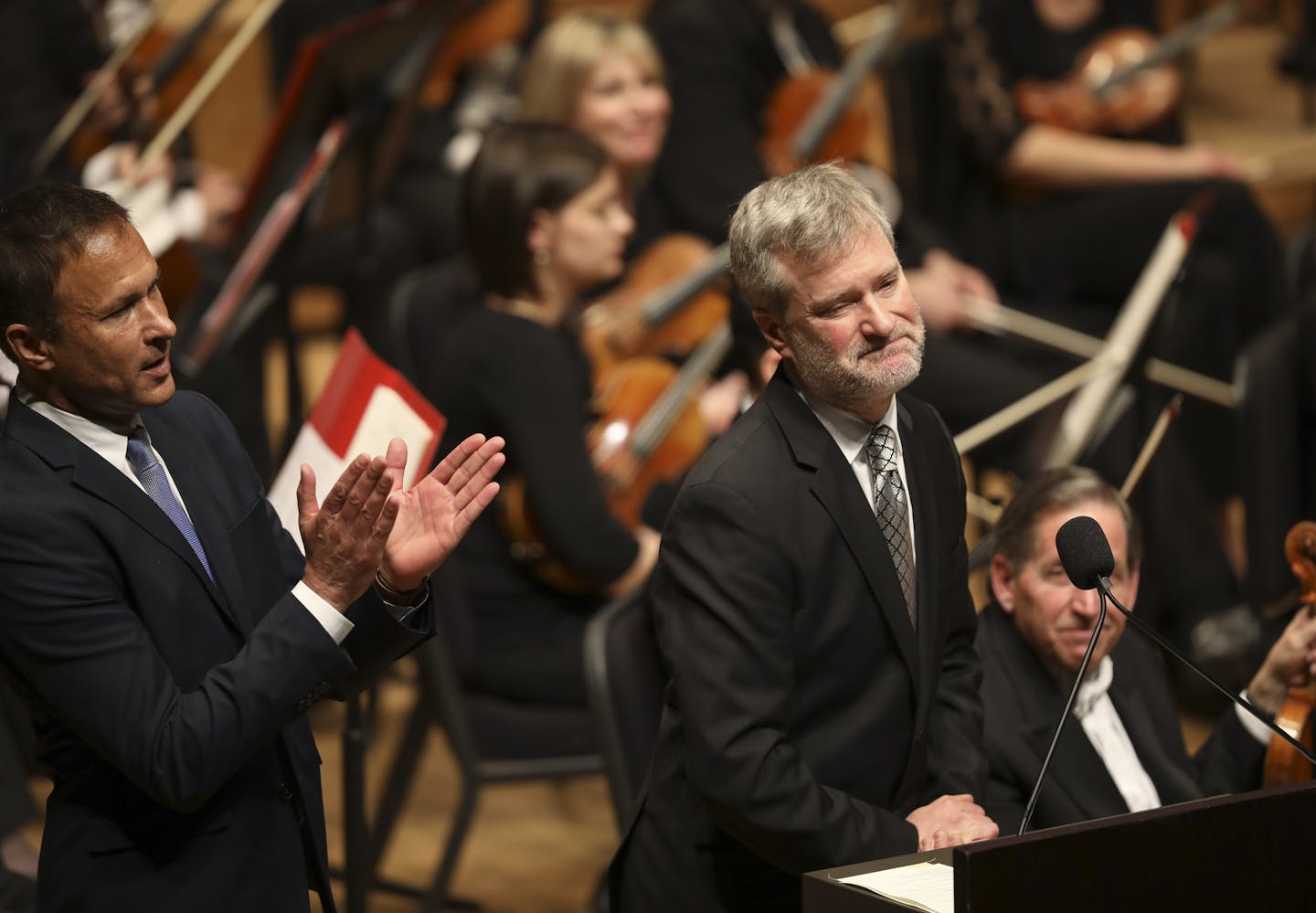 Stanislaw Skrowaczewski's sons, Paul Sebastien, left, and Nicholas Skrowaczewski thanked the audience for attending and the orchestra for hosting the memorial service for their father at Orchestra Hall Tuesday afternoon. ] JEFF WHEELER &#xef; jeff.wheeler@startribune.com The Minnesota Orchestra memorialized their Conductor Laureate, Stanislaw Skrowaczewski, in a service at Orchestra Hall Tuesday afternoon, March 28, 2017 in Minneapolis.