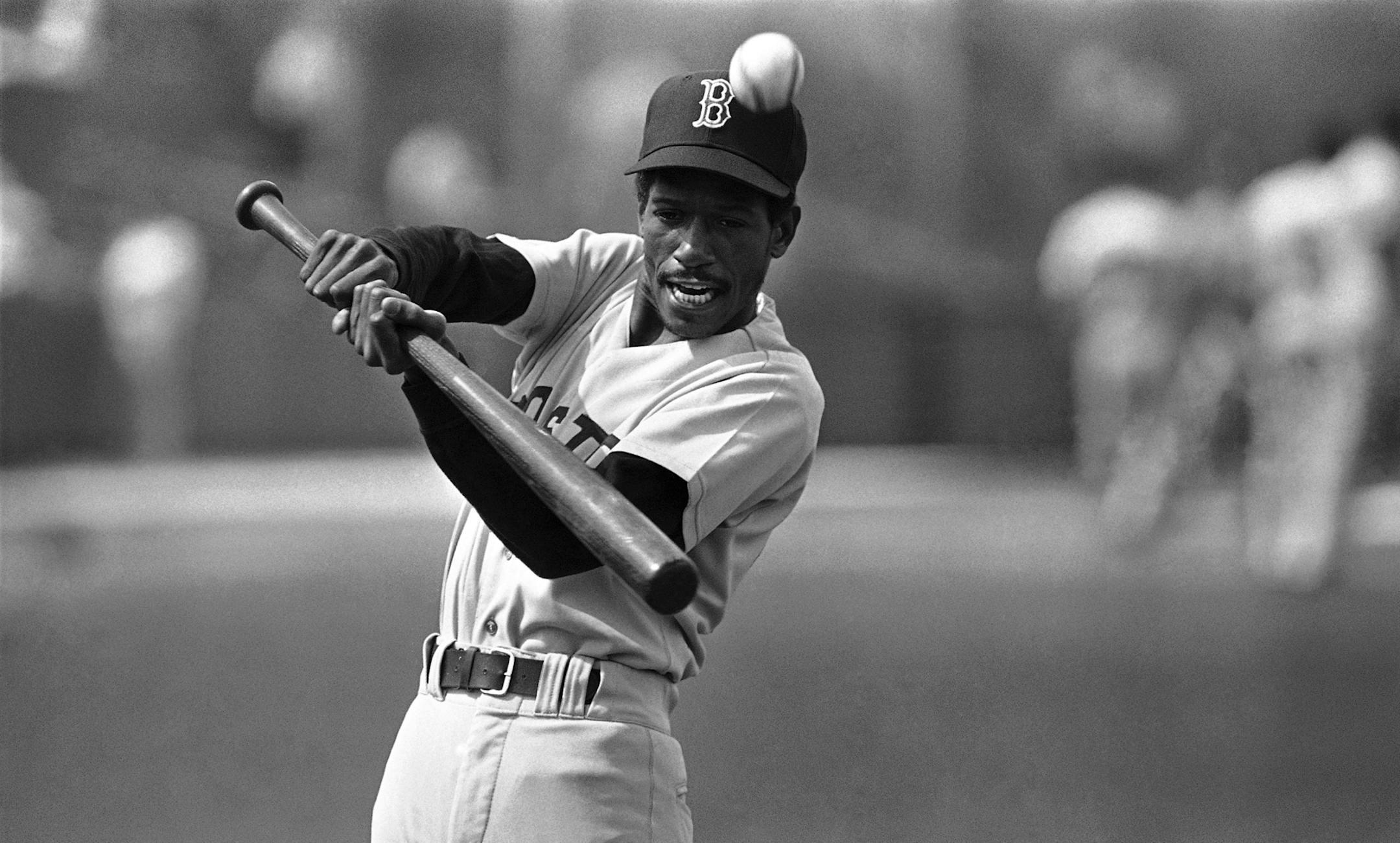 Boston Red Sox pitcher Dennis "Oil Can" Boyd pops up an inside pitch during a pepper drill at the first day of workouts at training camp in Winter Haven, Florida on Monday, Feb. 24, 1986. Boyd led the Red Sox in wins with a 15-13 record in 1985. (AP Photo/Peter Southwick) ORG XMIT: APHS412726