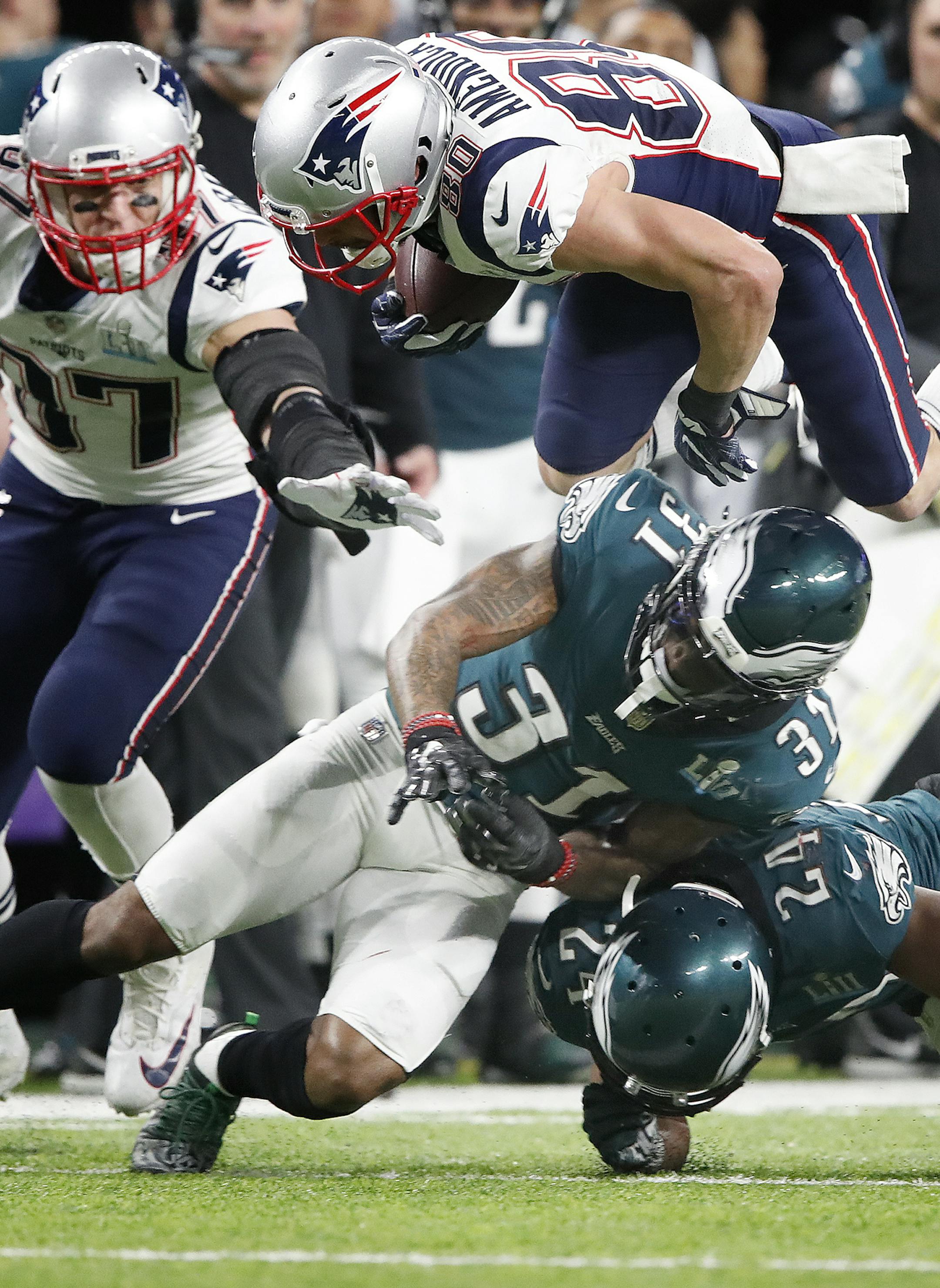 New England Patriots wide receiver Danny Amendola (80) was upended by Philadelphia Eagles cornerback Jalen Mills in the first half of Super Bowl LII. ] Carlos Gonzalez ï Carlos. Gonzalez@startribune.com The New England Patriots met the Philadelphia Eagles in Super Bowl LII Sunday evening, February 4, 2017 at U.S. Bank Stadium in Minneapolis.