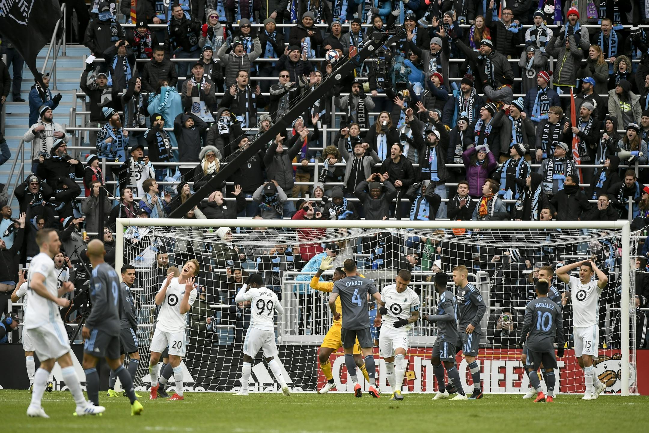 Minnesota United players and supporters reacted after a near goal against NYC FC in the second half.