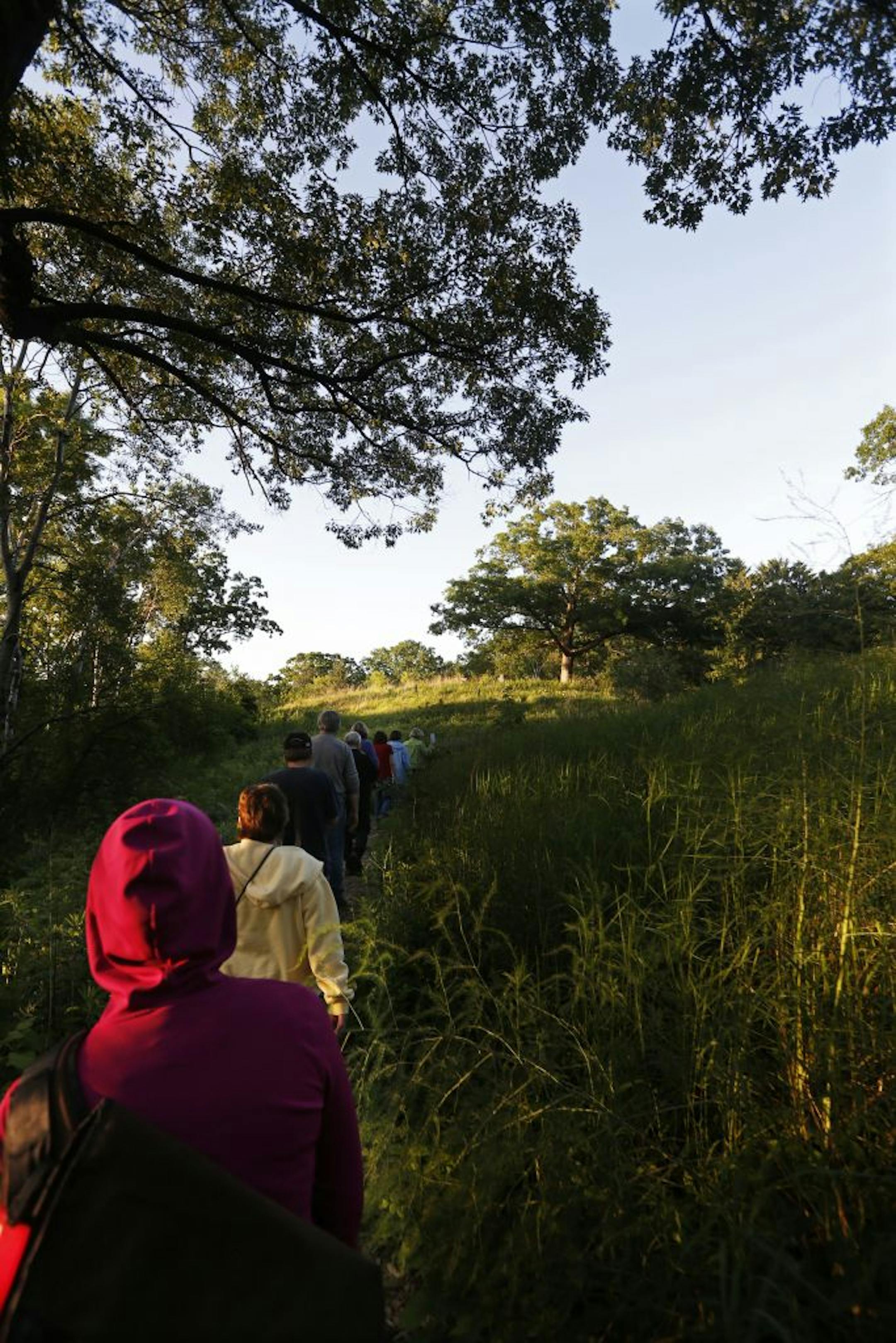 At Eloise Butler Butler Wildflower Garden and Bird Sanctuary the Walk Walk on the Wild Side hiking group explored the Minneapolis gem in the evening.