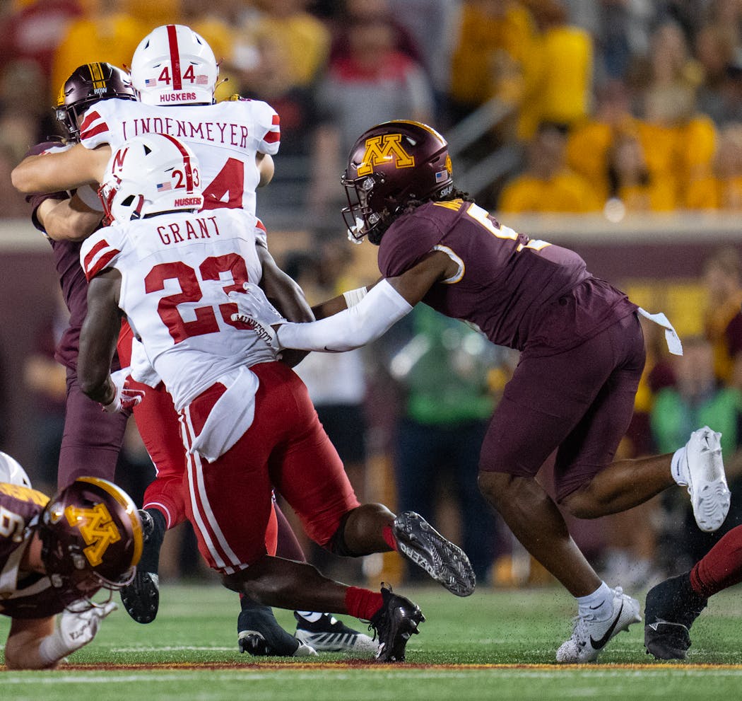 Gophers defensive back Justin Walley forced Nebraska’s Anthony Grant to fumble in the fourth quarter Thursday.