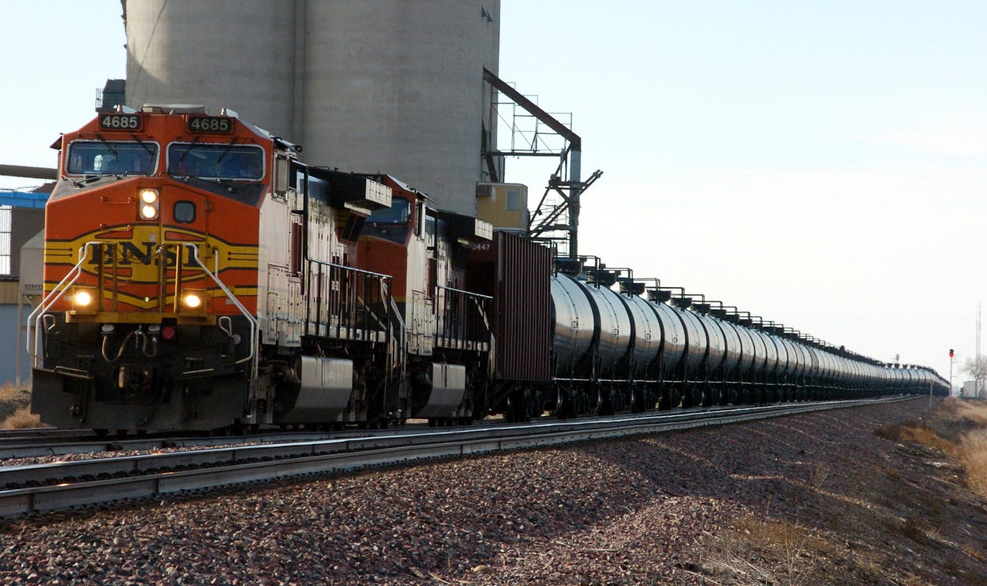 Nov. 6, 2013: A BNSF Railway train hauls crude oil near Wolf Point, Mont.