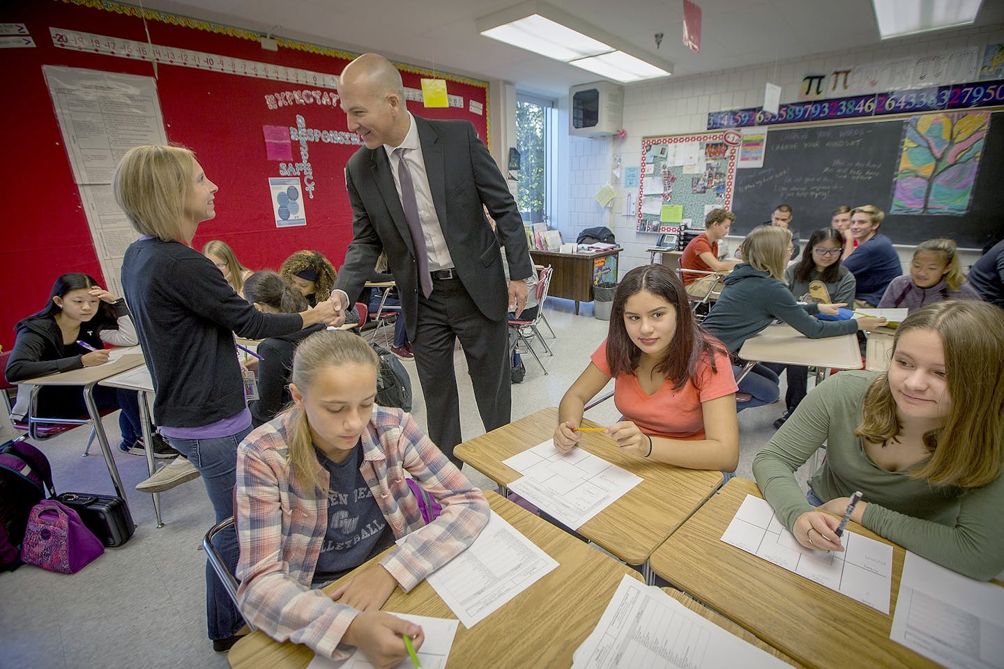 New St. Paul School Superintendent Joe Gothard met with staff and students of Highland Park High School on the first day of school, Tuesday, September 5, 2017 in St. Paul, MN.