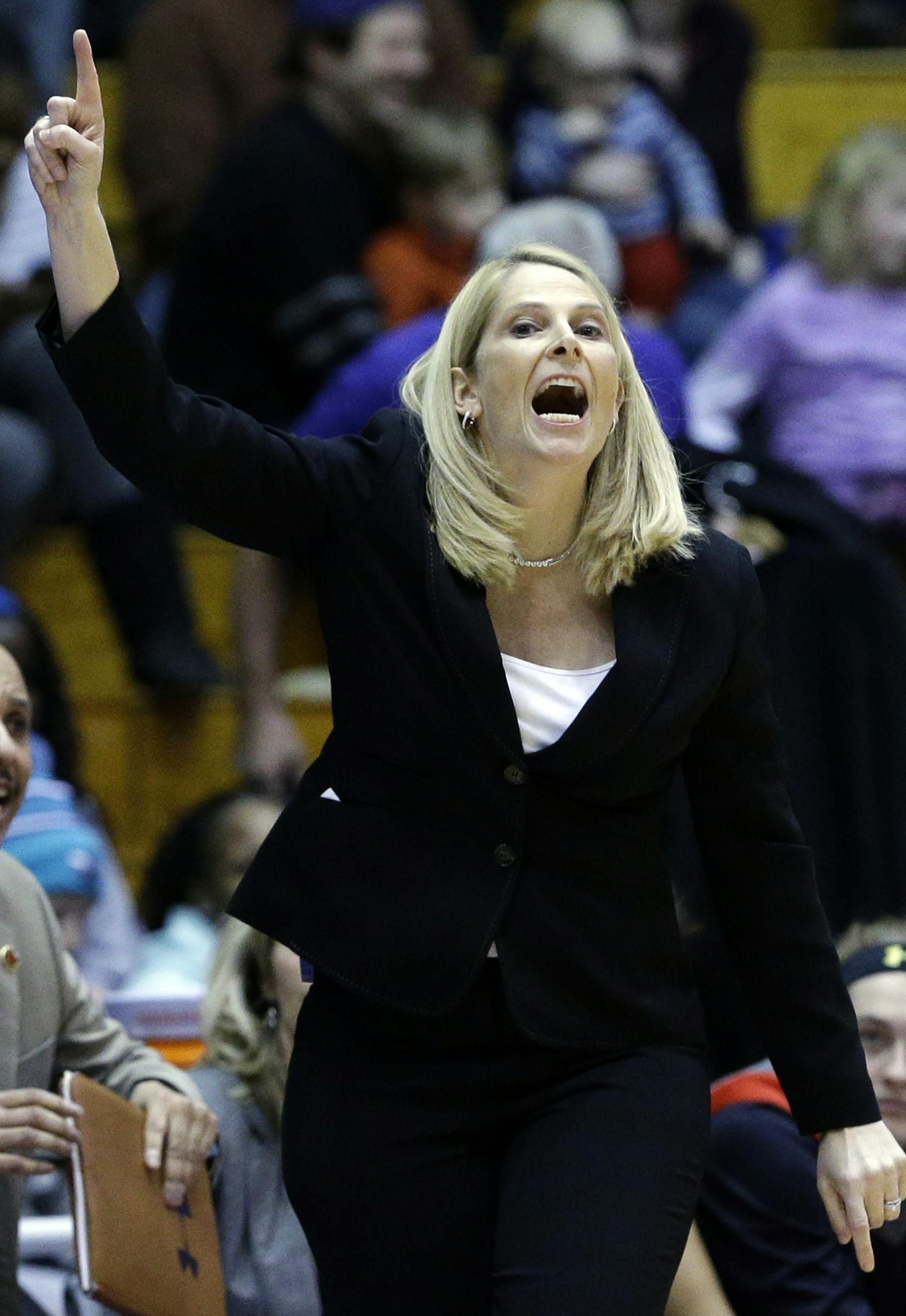Maryland head coach Brenda Frese gives instructions to her team during the first half of an NCAA women's college basketball game against Northwestern on Sunday, March 1, 2015, in Evanston, Ill. (AP Photo/Nam Y. Huh)