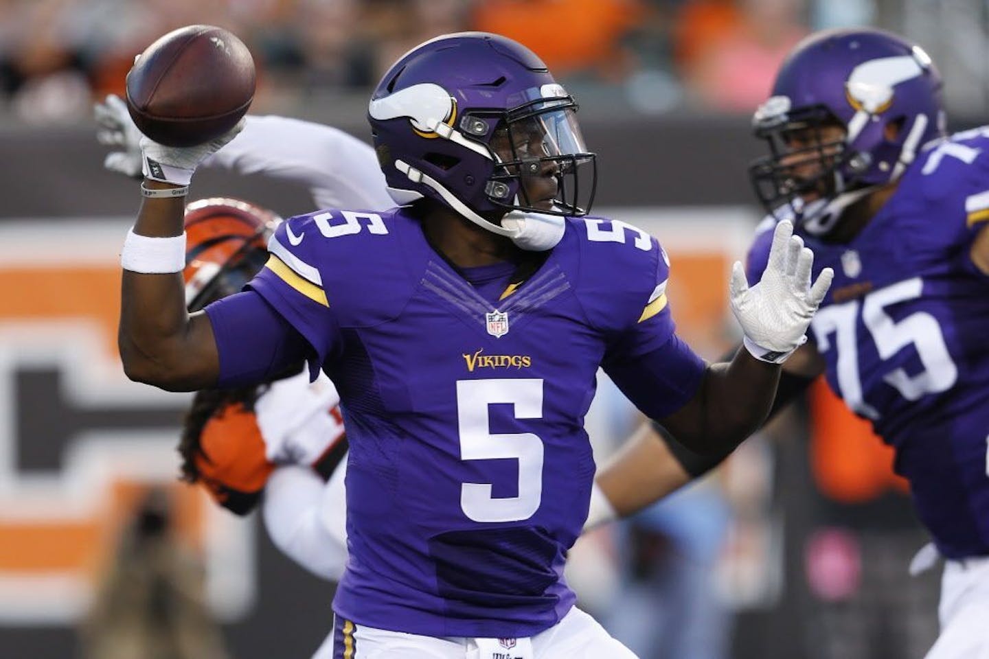 Minnesota Vikings quarterback Teddy Bridgewater throws during the first half of the team's NFL preseason football game against the Cincinnati Bengals, Friday, Aug. 12, 2016, in Cincinnati.