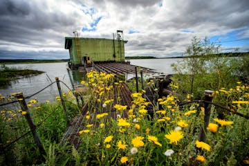 Pumphouse in a manmade lake in the tailings basin of PolyMet mine. Tailings, rock that does not contain ore is pumped in a a slurry mixture and deposi