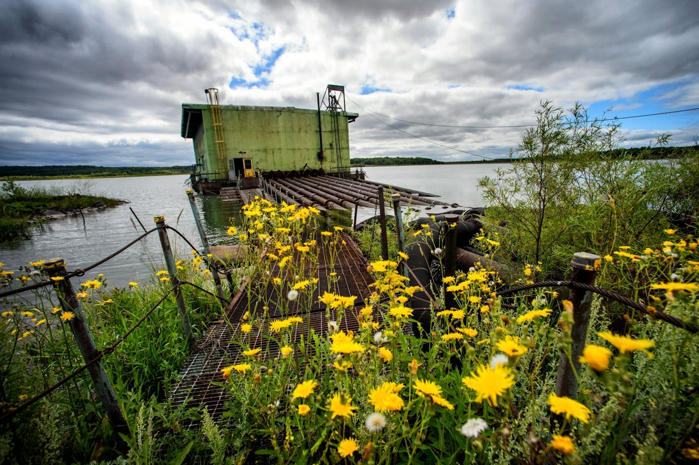 Pumphouse in a manmade lake in the tailings basin of PolyMet mine. Tailings, rock that does not contain ore is pumped in a a slurry mixture and deposited in the tailings basin. Water is constantly recycled and reused. PolyMet Mine in Hoyt Lakes, Minn. has been mired in a permitting battle for over eight years and the issue has become politicized in the state and particularly in the eighth congressional district.