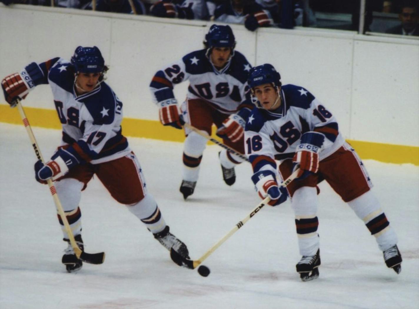 (left to right) Michael Mantenuto, Billy Schneider, and Chris Koch star as hockey players Jack O'Callahan, Buzz Schneider, and Mark Pavelich, respectively, in the movie "Miracle" about the Team USA hockey win against the Soviets in the 1980 Olympic Games. Handout photo by Chris Large, courtesy of Walt Disney Pictures.