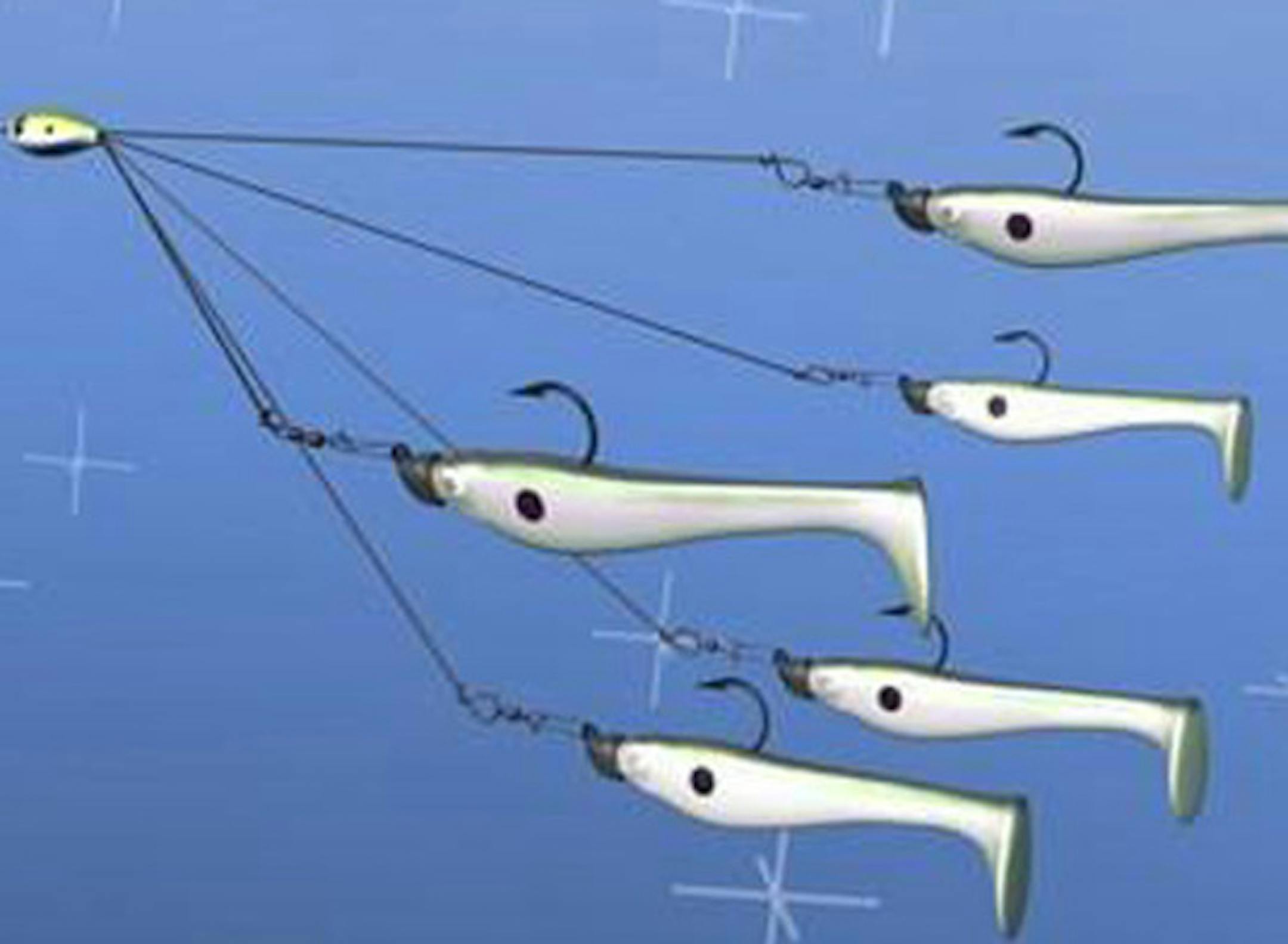 An Alabama rig simulates a school of baitfish. As shown here, the rig is illegal in Minnesota. The rig would be legal here if it had only one hook, with hookless spinners or plastic baits attached to the other wires.
