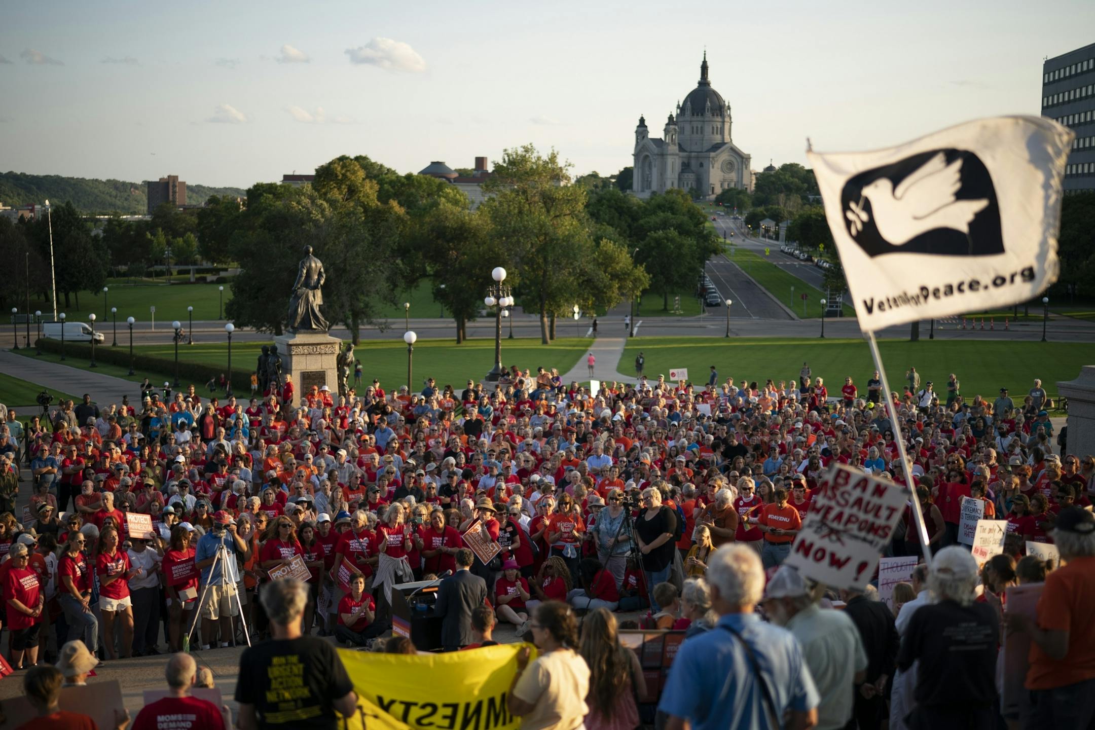 The crowd on the steps of the State Capitol listened to a speaker. The rally was put on by the groups Protect Minnesota and Moms Demand Action.