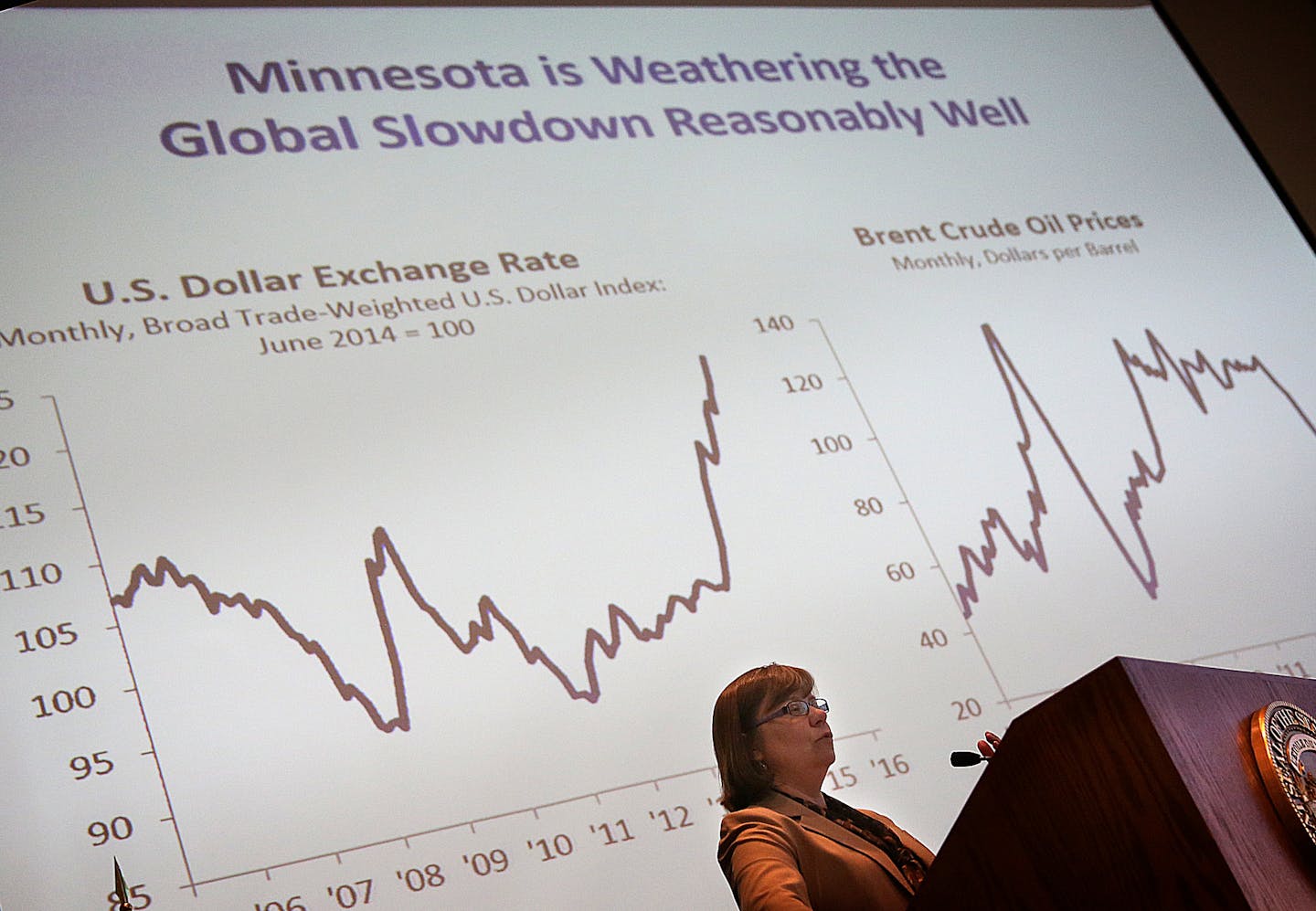 Laura Kalambokidis, Minnesota&#xed;s state economist, explained the latest economic projections at a news conference Friday. ] JIM GEHRZ &#xef; james.gehrz@startribune.com /St. Paul, MN / February 26, 2016 /11:30 AM &#xf1; BACKGROUND INFORMATION: Minnesota budget officials release the latest economic snapshot of the state economy and finalize the surplus number for the upcoming legislative session. This budget number is going to frame up much of the political debate for the session in a high-sta