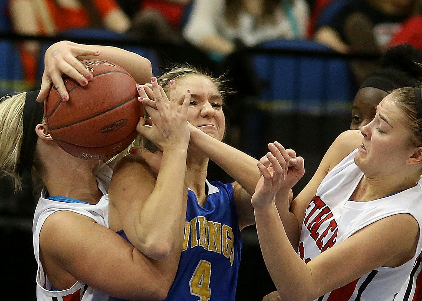 Minneota&#x201a;&#xc4;&#xf4;s Molly Hennen (middle) had the ball taken away by Bethlehem&#x201a;&#xc4;&#xf4;s Hana Palmer (left) in first half action. Bethlehem&#x201a;&#xc4;&#xf4;s Jessie Mathews (right, closer to camera) and Jessie Filzen were also defending.] JIM GEHRZ &#x201a;&#xc4;&#xa2; jgehrz@startribune.com Minneapolis MN / March 15, 2012, 12:00 PM BACKGROUND INFORMATION: Bethlehem Academy played Minneota High School in the Class A semifinals of the 2013 State Girls Basket Ball Tournamen