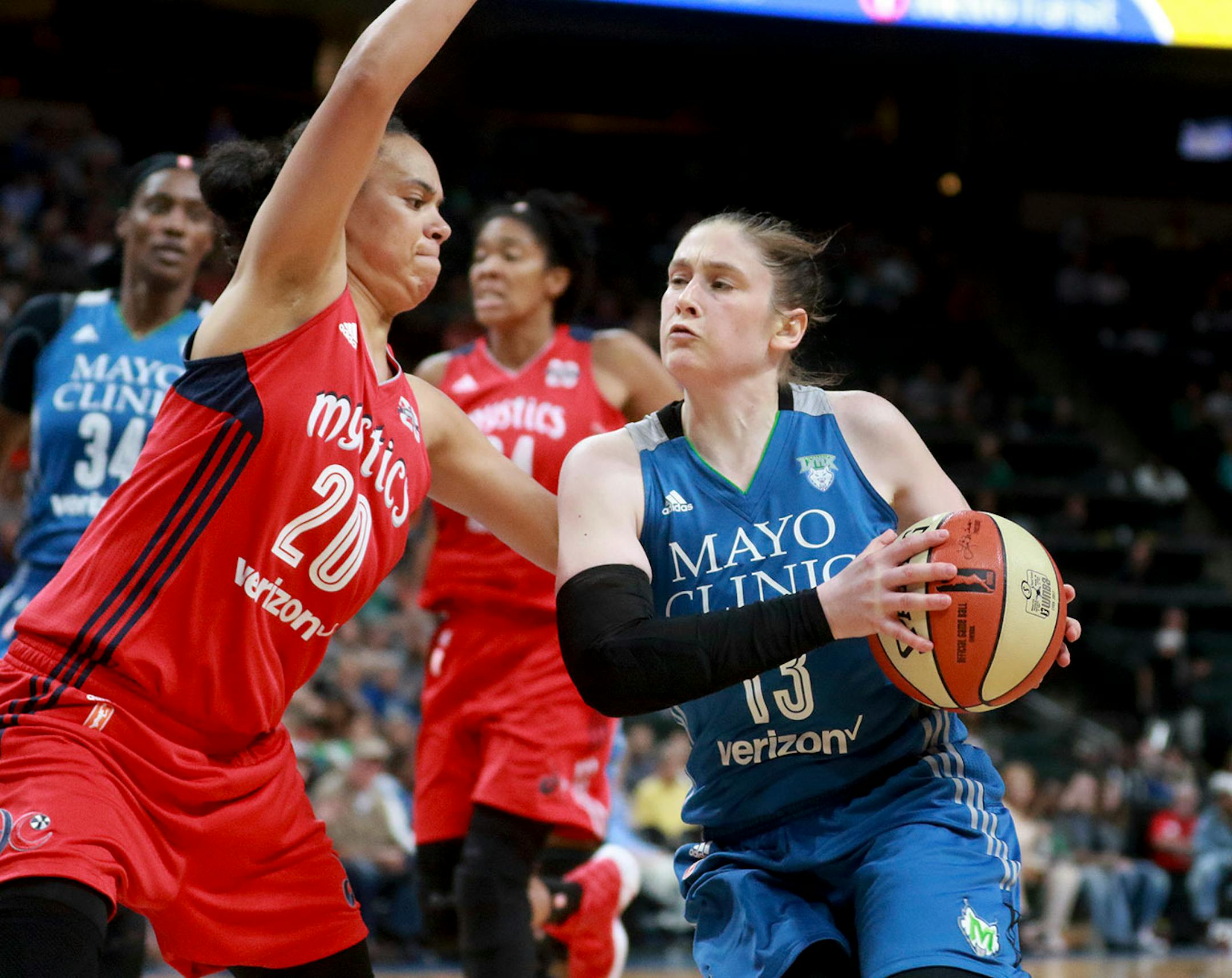 The Minnesota Lynx Lindsay Whalen (13) drives to the basket against the Washington Mystic's Kristin Toliver (20) during the second quarter Friday, June 22, 2017, at the Xcel Energy Center in St. Paul, MN.