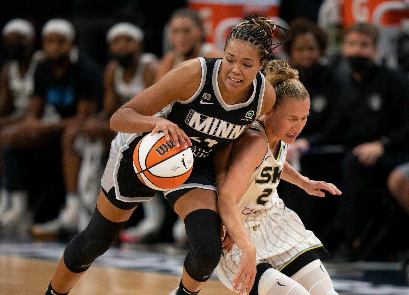 Minnesota Lynx forward Napheesa Collier (24) got control of the ball after forcing Chicago Sky guard Courtney Vandersloot (22) to turn it over in the second quarter. ] JEFF WHEELER • jeff.wheeler@startribune.com