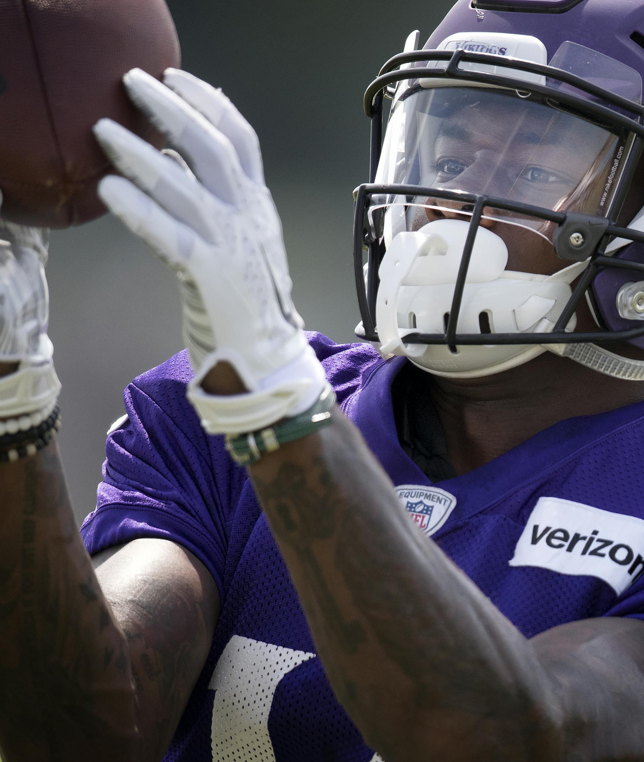 Minnesota Vikings Stefon Diggs (14) caught a pass during the afternoon practice. ] CARLOS GONZALEZ &#xef; cgonzalez@startribune.com - August 2, 2017, Mankato, MN, Minnesota State University Mankato, Minnesota Vikings Training Camp, NFL