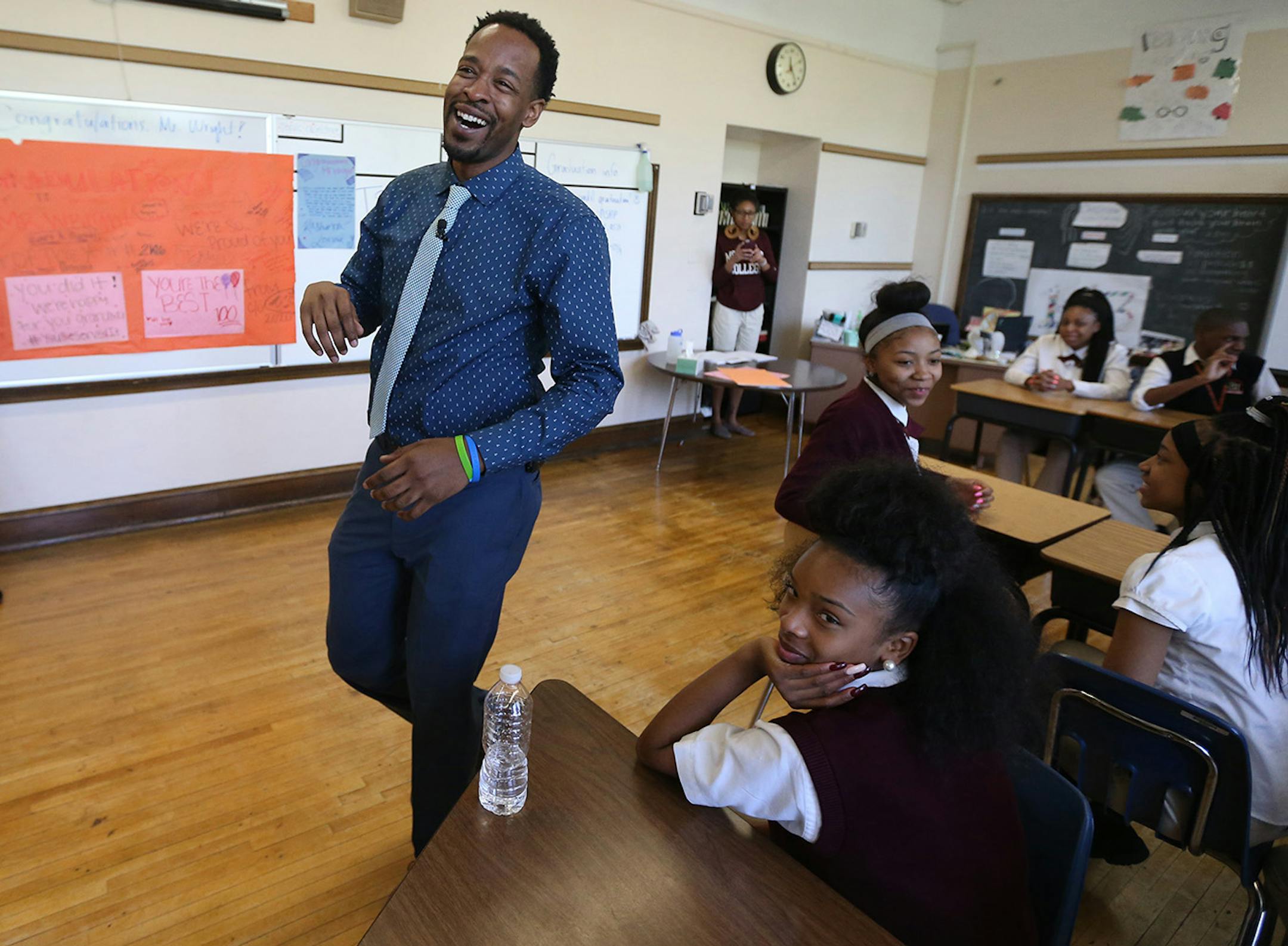 Language arts teacher Abdul Wright in his classroom at Best Academy the day after he won the 2016 Minnesota Teacher of the Year award.