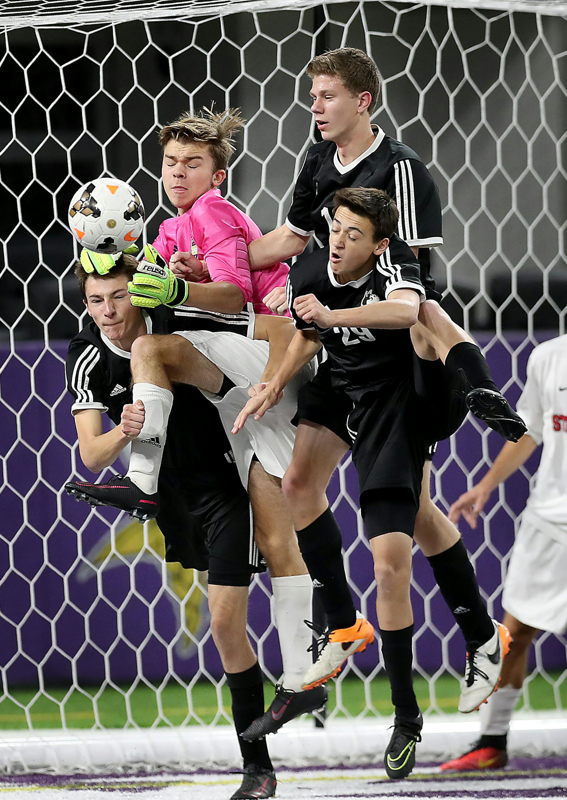 Stillwater goalkeeper Fred LeClair made a save during the first half of their matchup at the Minnesota State High School League Class 2A boys' soccer semifinals at US Bank Stadium, Monday, October 31, 2016 in Minneapolis, MN. ] (ELIZABETH FLORES/STAR TRIBUNE) ELIZABETH FLORES • eflores@startribune.com