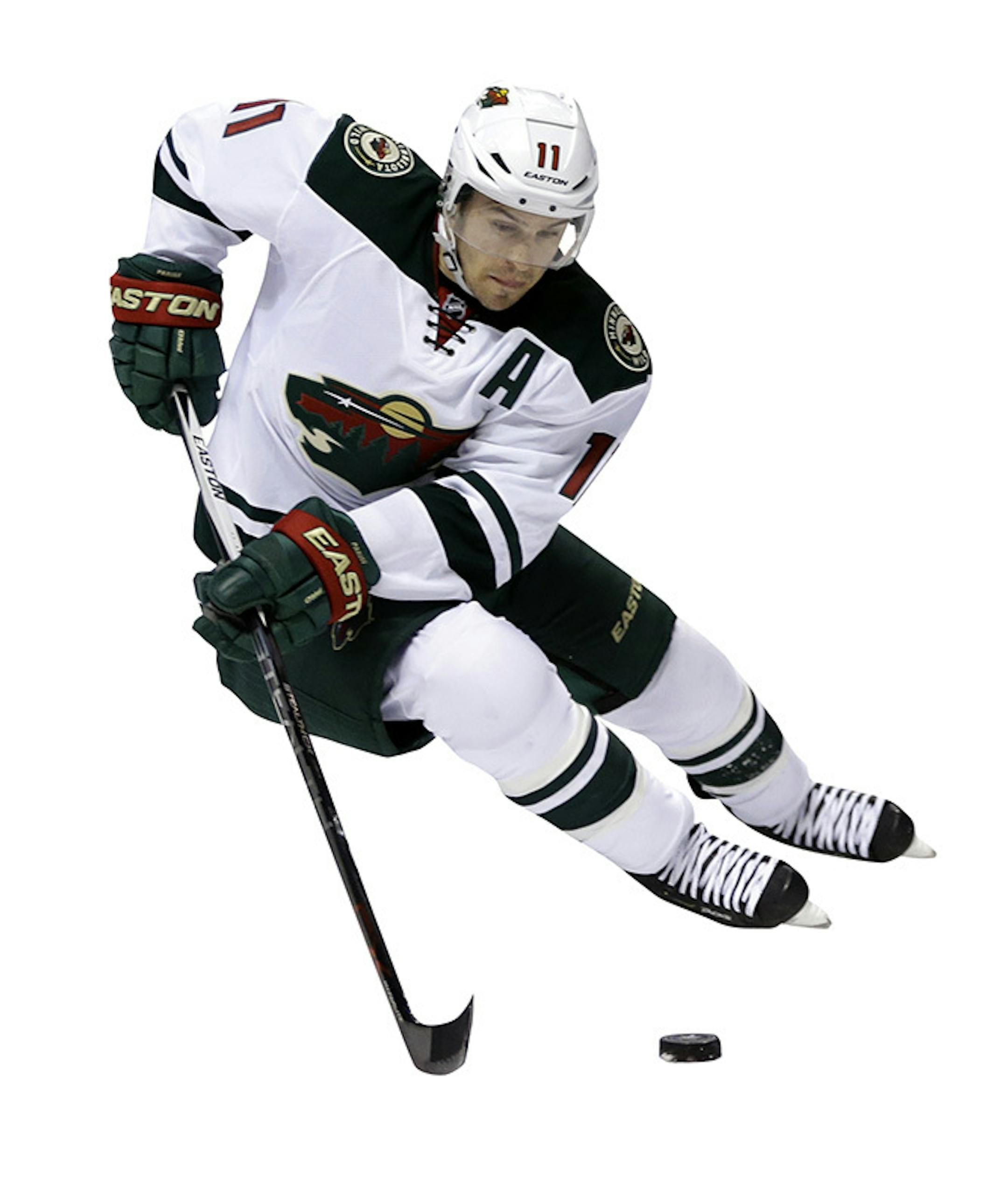 Minnesota Wild's Zach Parise, left, controls the puck as St. Louis Blues' Vladimir Tarasenko, of Russia, watches during the second period in Game 1 of an NHL hockey first-round playoff series, Thursday, April 16, 2015, in St. Louis. (AP Photo/Jeff Roberson) ORG XMIT: MOJR207