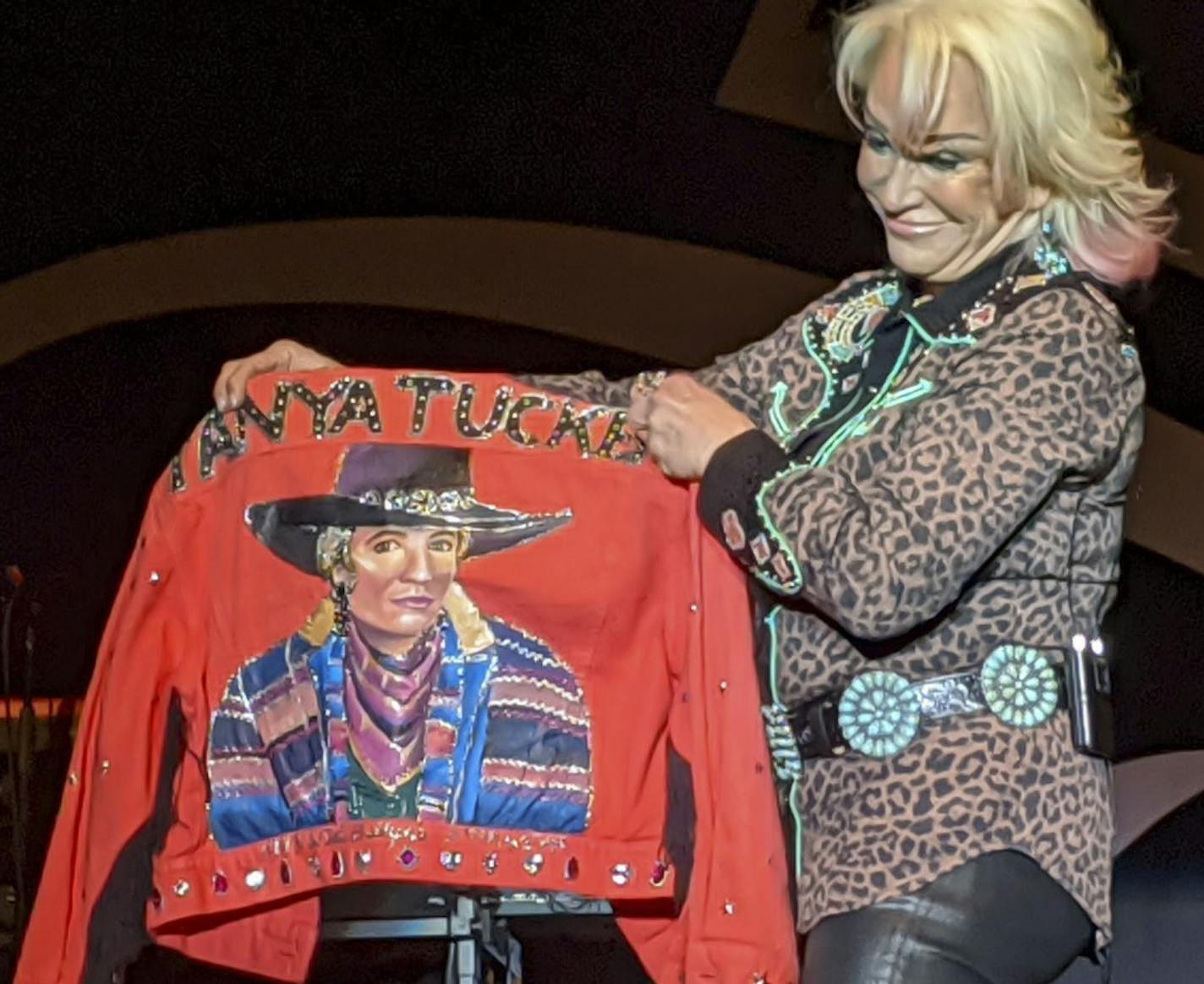 Tanya Tucker held up a jean jacket worn by a fan to her show at Grand Casino Hinckley Saturday night, February 29, 2019.