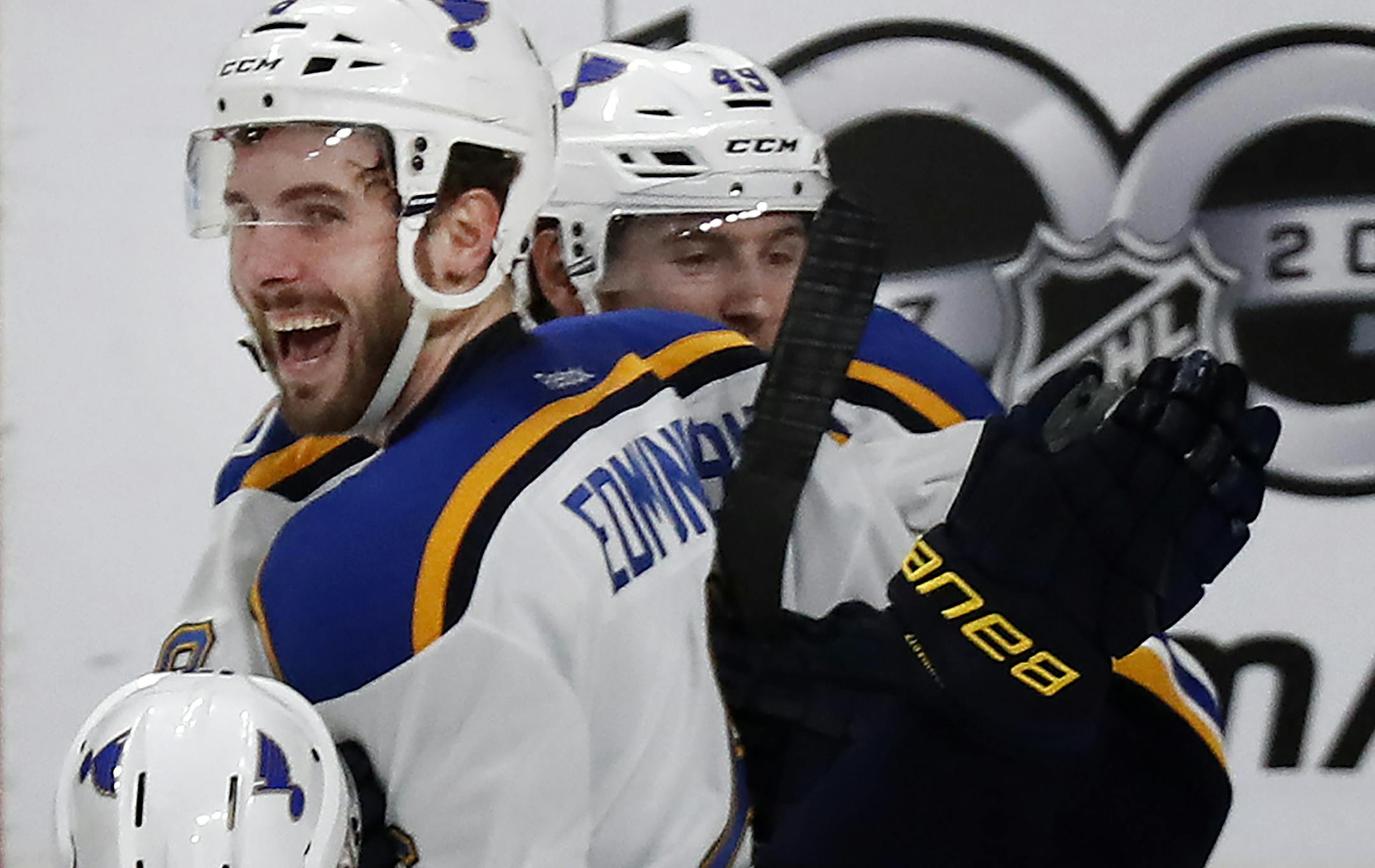 Joel Edmundson (6) celebrated with teammates after scoring the game winning goal in overtime. ] CARLOS GONZALEZ &#xef; cgonzalez@startribune.com - April 12, 2017, St. Paul, MN, Xcel Energy Center, NHL, Stanley Cup Playoffs, Game 1, Minnesota Wild vs. St. Louis Blues