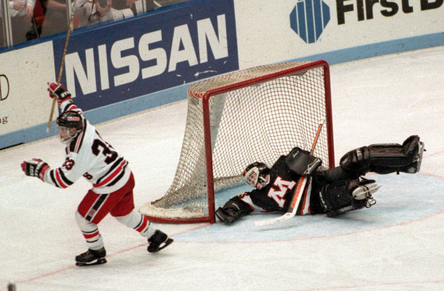 Duluth East&#x2019;s Dave Spehar celebrated his goal on a penalty shot in the final period against Moorhead in the Class 2A title game. (Star Tribune file photo)