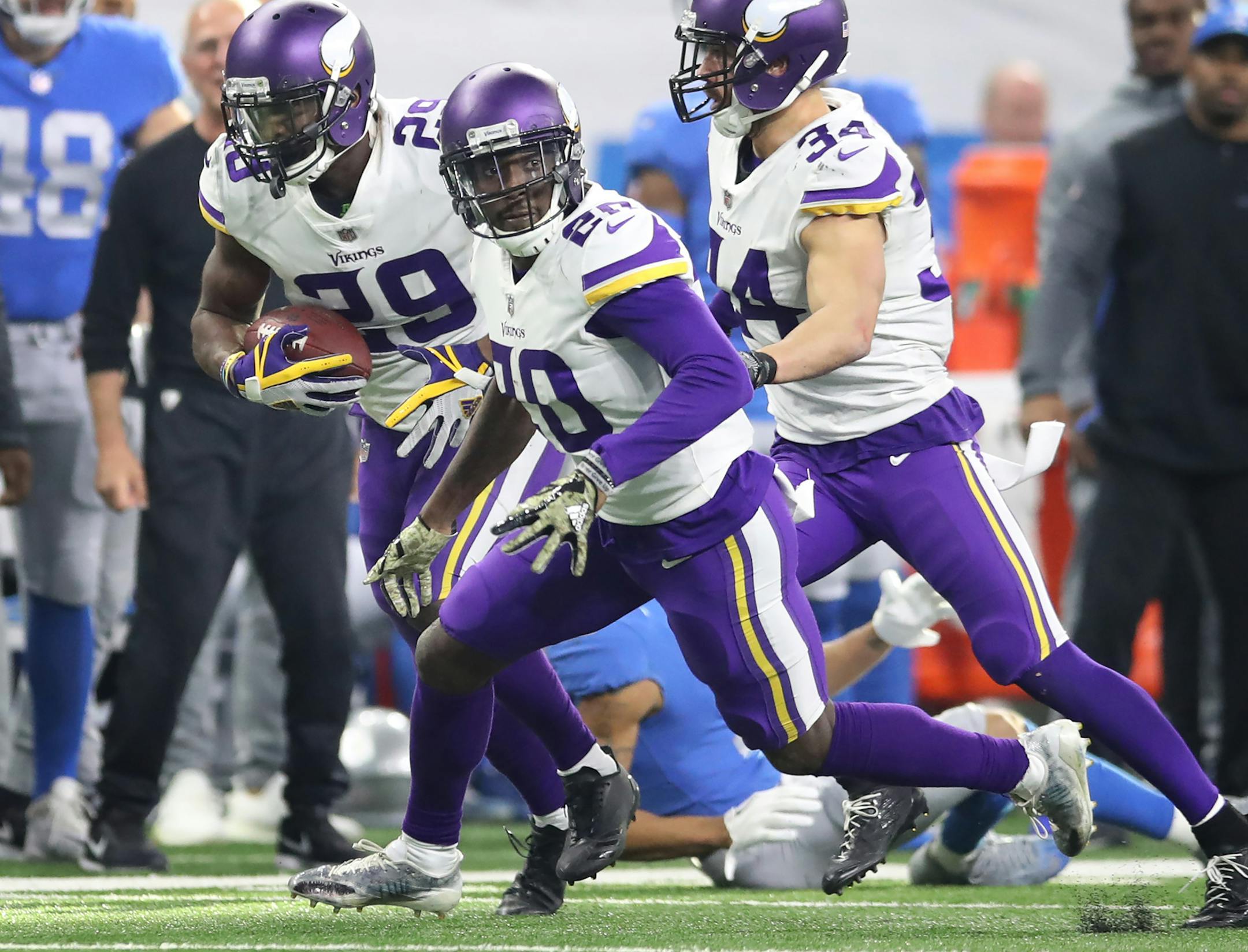 Minnesota Vikings cornerback Xavier Rhodes (29) intercepted a pass intended for Detroit Lions wide receiver Marvin Jones (11) at Ford Field Thursday November 23, 2017 in Detroit , MI.] The Detroit Lions hosted the Minnesota Vikings Thanksgiving day.JERRY HOLT ï jerry.holt@startribune.com