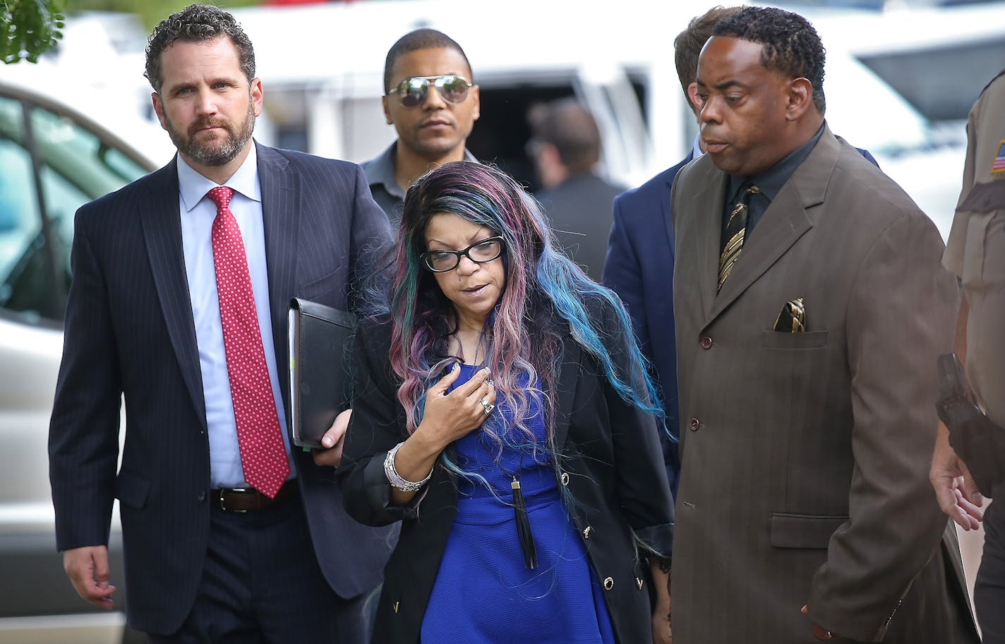 Prince's sister Tyka Nelson made her way into the Carver County Justice Center on June 27, 2016 in Chaska, MN. Attorneys representing the potential heirs to Prince's estate met in court to discuss issues related to DNA testing of those making a claim to the late musician's music and millions.