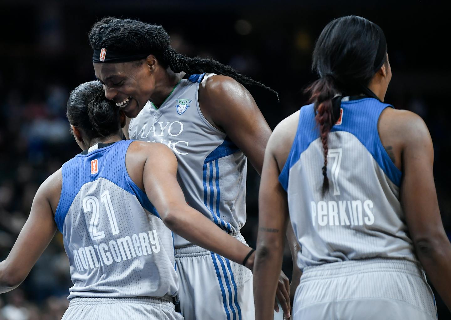 Minnesota Lynx center Sylvia Fowles (34) bumped chests with guard Renee Montgomery (21) after an and-one opportunity created by Montgomery in the fourth quarter Thursday against the Atlanta Dream. ] AARON LAVINSKY &#xef; aaron.lavinsky@startribune.com The Minnesota Lynx played the Atlanta Dream on Thursday, Aug. 3, 2017 at Xcel Energy Center, in St. Paul, Minn.